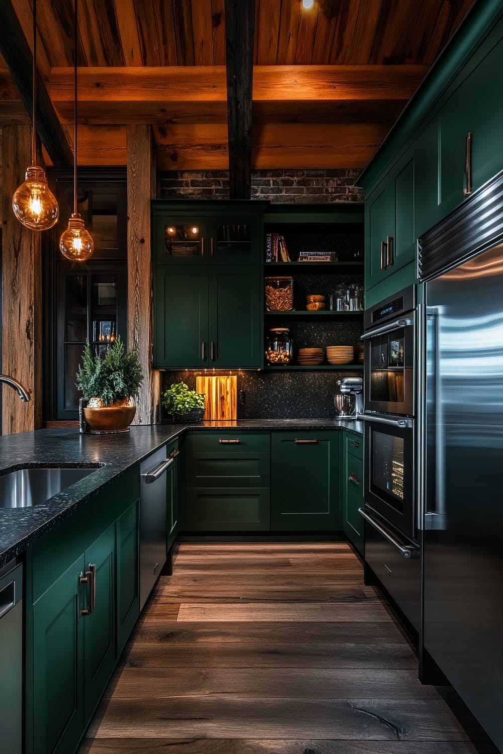 A refined farmhouse kitchen with deep green cabinets, black granite countertops, and stainless steel appliances, including a built-in dishwasher and refrigerator. The space features exposed brick walls, textured reclaimed wood flooring, and warm pendant lighting.