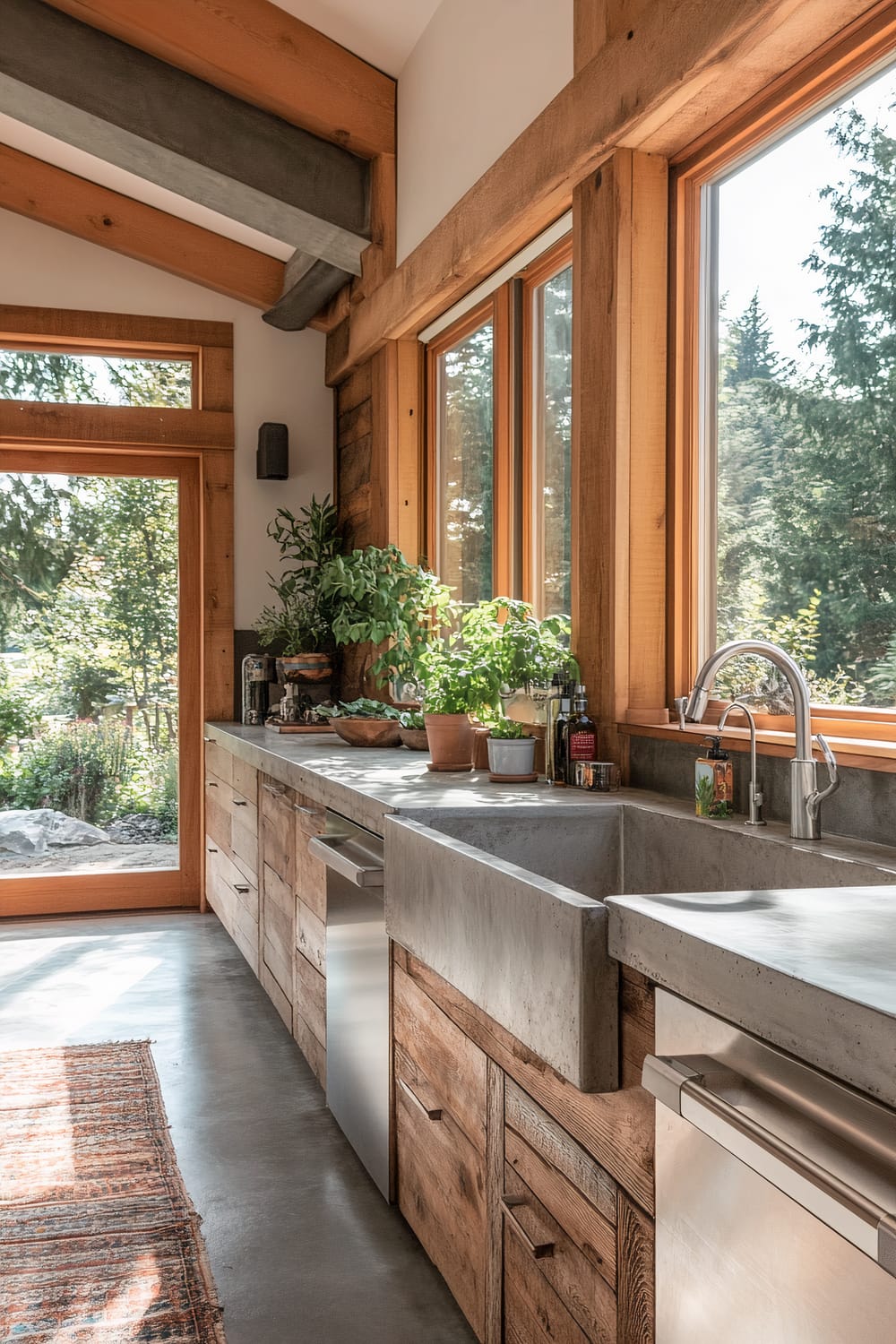 A well-lit kitchen with wooden beams and large windows letting in natural light. The wooden cabinetry has a rustic finish, complemented by a concrete countertop. Various potted plants are placed on the countertop next to a farmhouse-style sink with stainless steel fixtures. A patterned rug lies on the polished concrete floor, and outside, lush greenery is visible through a glass door and windows.