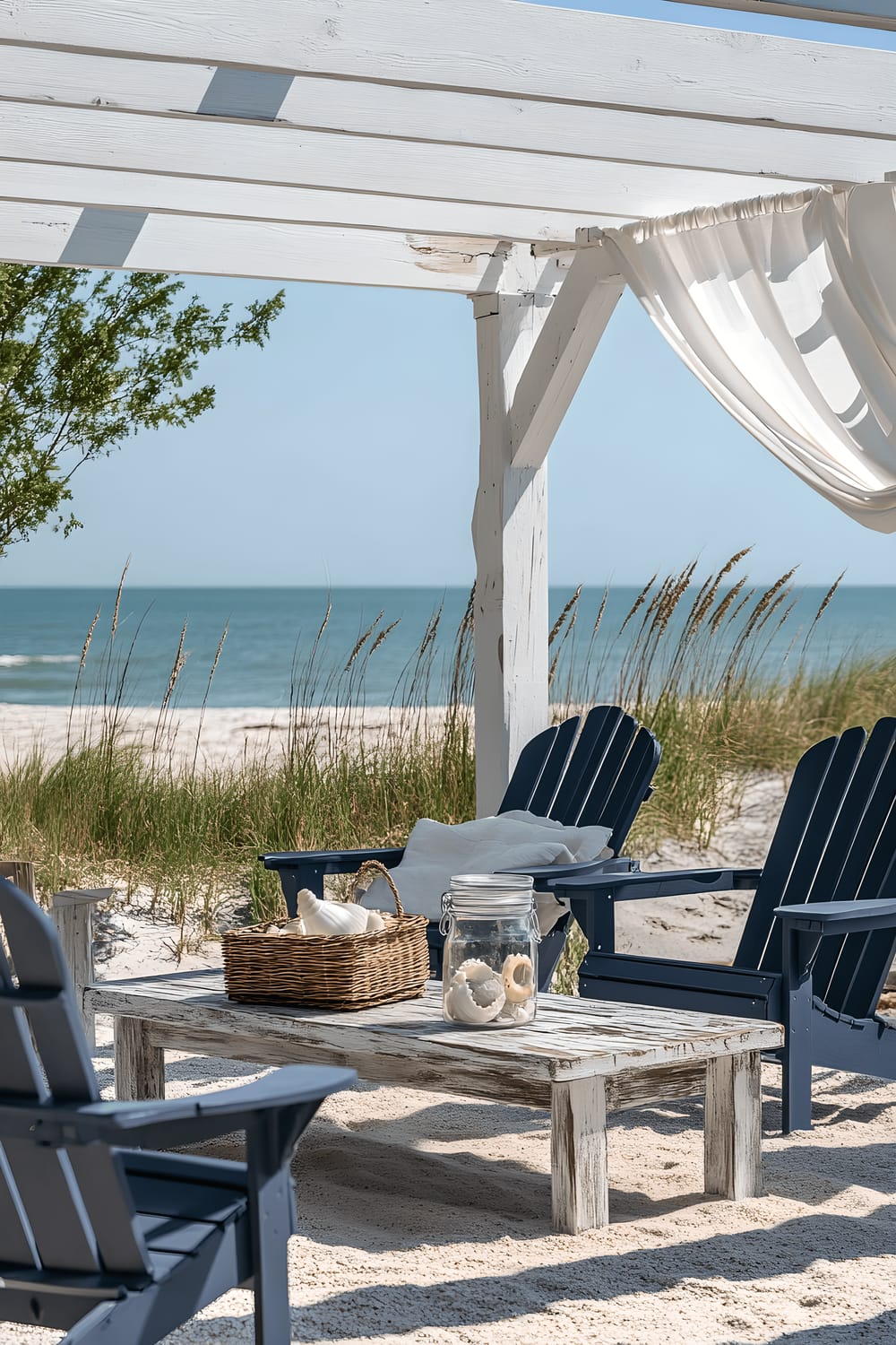 A beachside patio featuring a white pergola covered with sailcloth. The patio includes navy blue wooden Adirondack chairs and a driftwood coffee table showcasing a jar filled with seashells. Coastal grasses in the foreground move gently with the breeze while the ocean is visible in the distance.