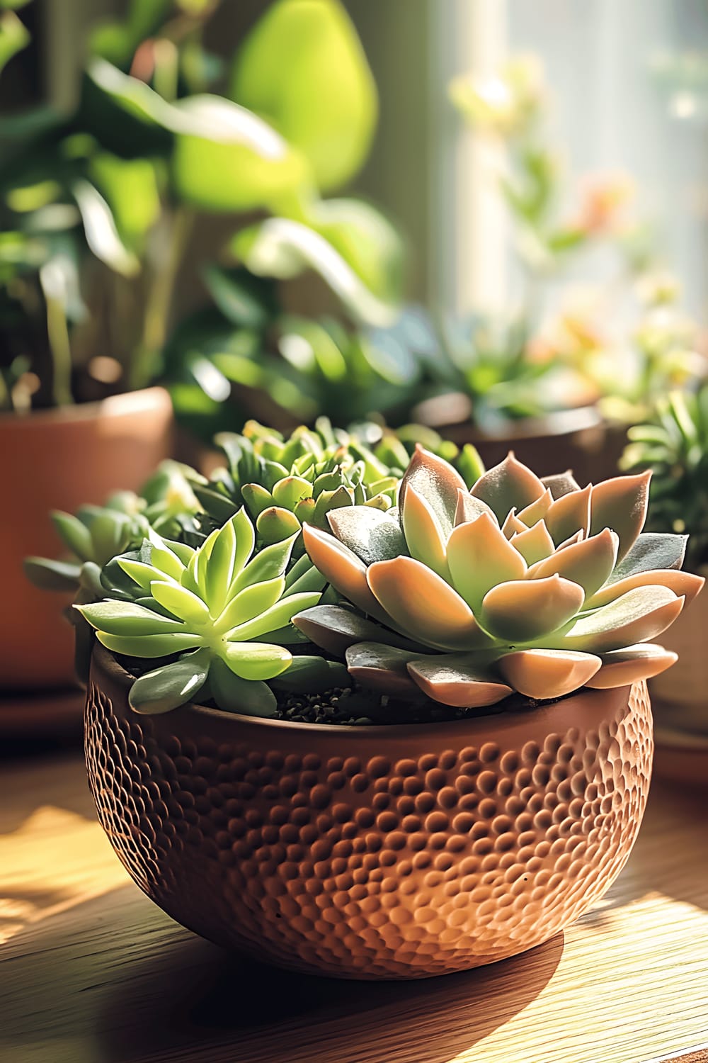 A succulent garden with various types of plants showcased in a brown dimpled ceramic pot which rests on a wooden table. The table is also adorned with a couple of other green plants and there is a window in the background which lets in a considerable amount of sunlight, creating a gentle illumination of the whole scene.