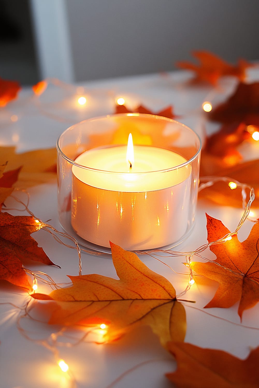 A glowing candle in a glass holder is surrounded by autumn leaves and twinkling string lights, creating a warm and inviting ambiance.