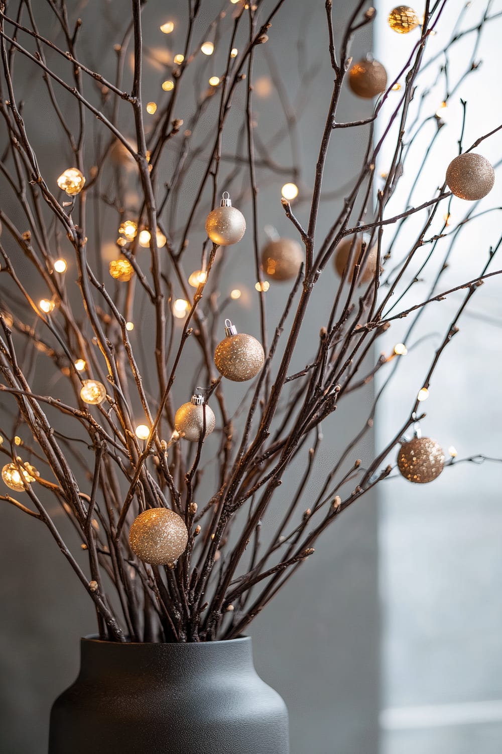 A close-up image of slender, bare branches arranged in a modern black vase. The branches are interspersed with small, neutral-toned ornaments and twinkling fairy lights, creating a delicate and elegant look. The background is softly blurred in neutral tones, emphasizing the arrangement.