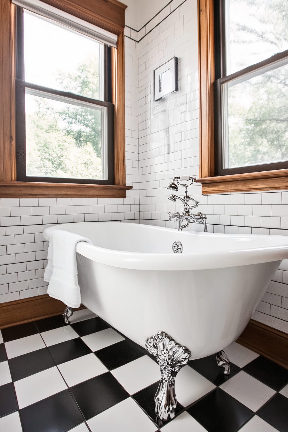 A bright bathroom features a classic white clawfoot bathtub with ornate metal legs and a modern chrome faucet. The room showcases a striking black and white checkered tile floor and white subway-tiled walls with black grout. Wooden window frames with partially open windows allow ample natural light to flood the space, enhancing the contrast of the tiles and highlighting the elegance of the tub. A white towel hangs over the edge of the bathtub.