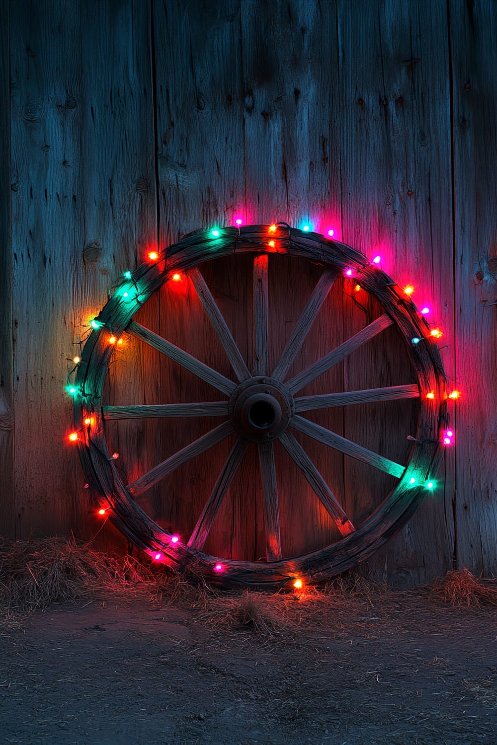 An old wooden wagon wheel leaned against a rustic wooden wall, adorned with colorful Christmas lights. The lights are in shades of red, green, blue, pink, and orange, casting a warm and festive glow against the dark, weathered wood. Straw is scattered around the base of the wheel, enhancing the rustic atmosphere.