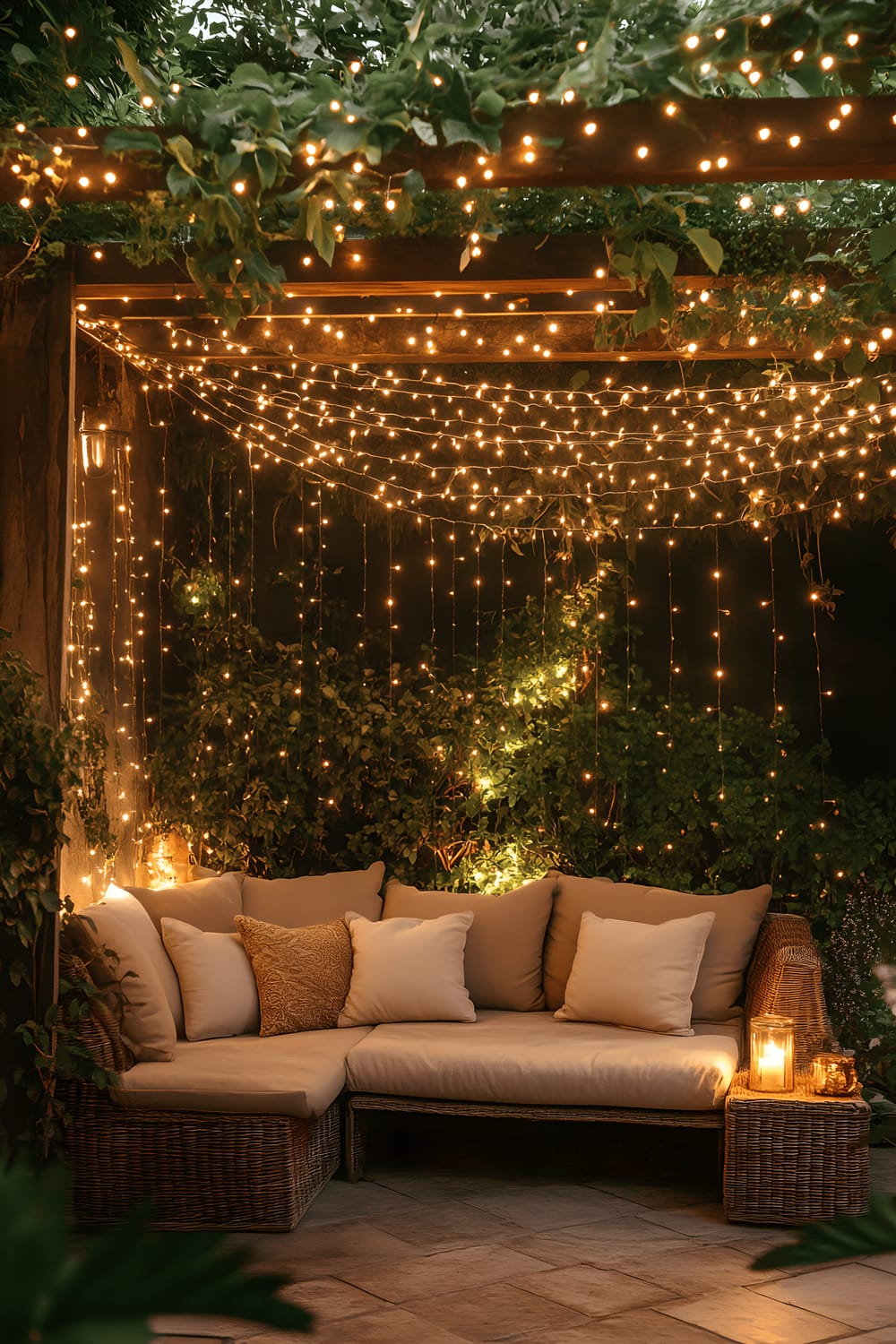 A serene evening backyard scene featuring a comfortable loveseat with inviting, neutral-toned cushions nestled under a twinkling string of fairy lights. The seating area is surrounded by rich greenery, providing a sense of privacy and tranquillity. The image is captured at dusk, with the warm golden lighting of the fairy lights illuminating the space and creating a magical atmosphere.