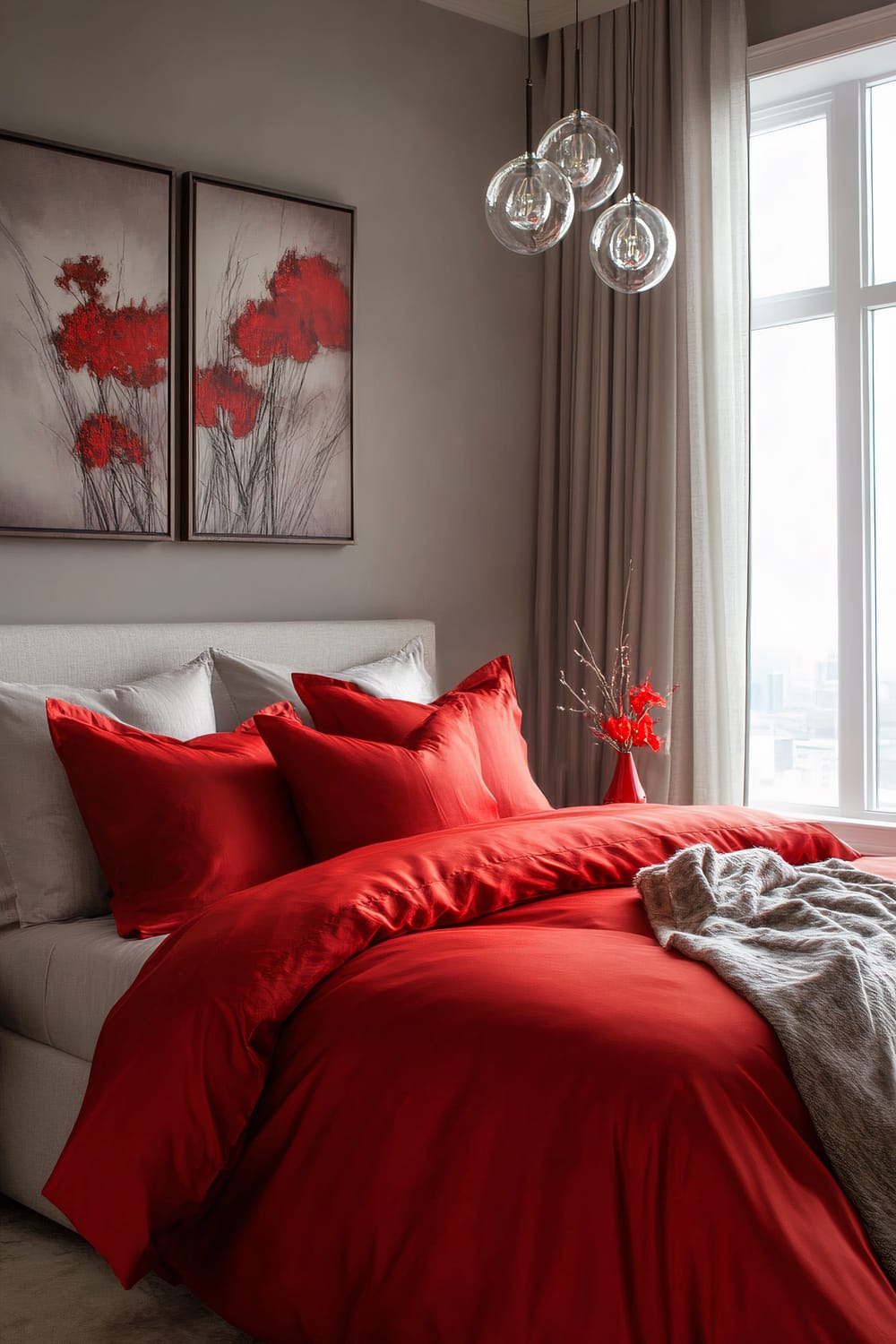 An elegant bedroom featuring a plush bed adorned with vibrant red bedding and pillows. The bed has a neutral headboard, contrasted by a soft gray throw blanket. The room also includes two framed artworks depicting red flowers on the wall above the bed. A set of modern pendant lights with glass globes hang from the ceiling nearby. Large windows with floor-length gray curtains allow natural light to flood the room.