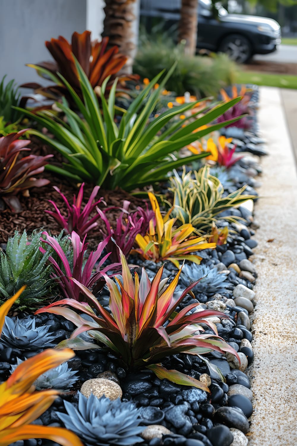 A well-organized low-maintenance garden filled with vibrant bromeliads, palm trees, and shrubs. A pathway, bordered with decorative pebbles, leads through the garden to the front door of a house. Mulch beds are incorporated into the landscape to enhance the organized look and reduce upkeep.