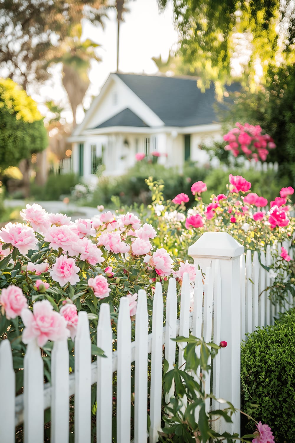 A sunny afternoon view of a charming front yard, showcasing a white picket fence, and full of vibrant pink blossoms of peonies, clusters of bluish-purple hydrangeas, and emerald green, neatly trimmed, boxwood hedges.