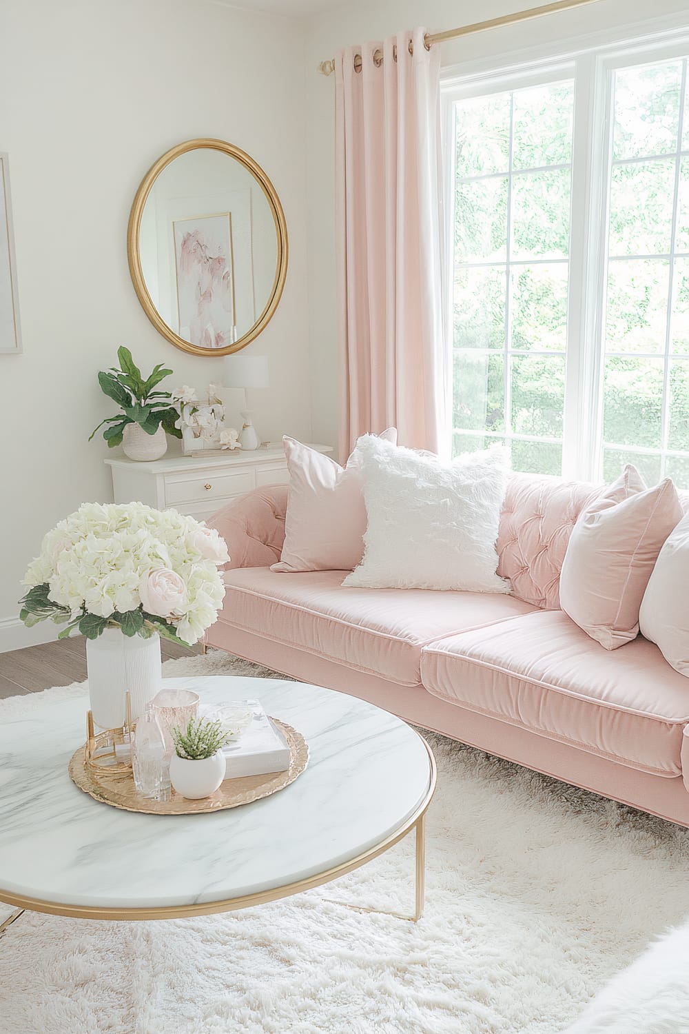 A feminine living room with a blush pink velvet sofa adorned with soft throw pillows. Above the sofa, a gold-framed round mirror reflects natural light from large windows with white frames. Pale pink curtains line the windows. A sleek marble coffee table with a gold base sits on a fluffy white rug. The table has a tray with decorative items including a flower vase, a book, and a small plant pot. In the background, a white console table holds additional plants, flowers, and a lamp.