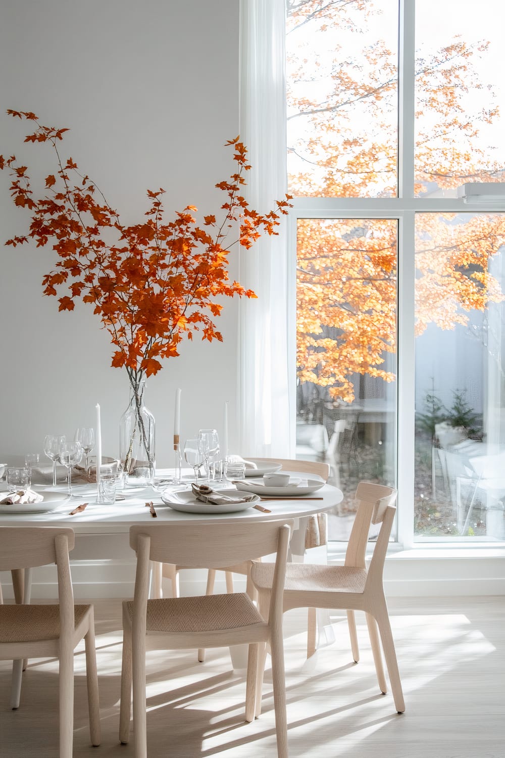 A dining room with minimalist decor featuring a round white table set with white plates, silver utensils, and glassware. Light wooden chairs surround the table. The centerpiece is a clear glass vase with branches of vibrant orange leaves. Large window panels reveal an autumnal scene outside, with orange foliage on the trees.