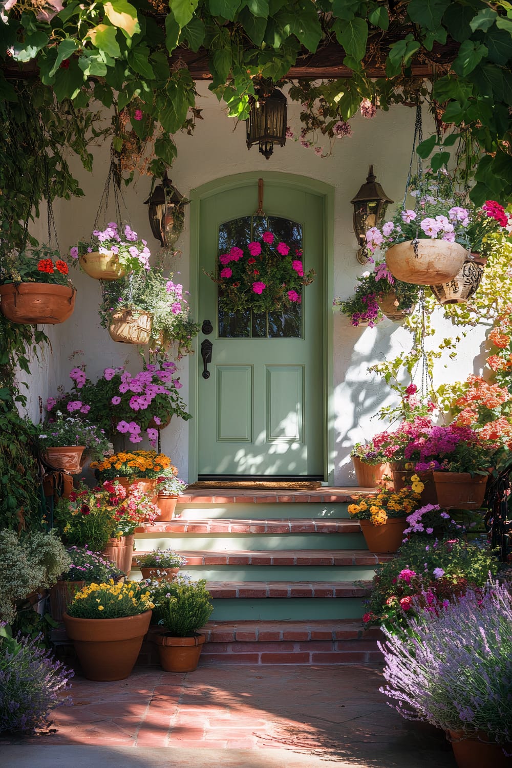 An inviting front porch entrance featuring a mint green door framed by an array of vibrantly colored hanging flower baskets and potted plants. The steps leading up to the door are bordered by terracotta pots brimming with various flowers and greenery. The entrance is shaded by overhanging leafy branches, and lantern-style light fixtures are mounted on the walls next to the door.