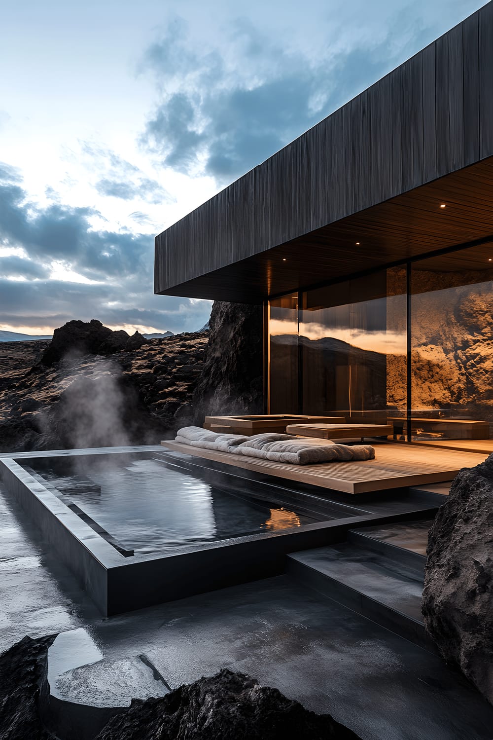 A serene outdoor atmosphere displaying a minimalist-inspired patio juxtaposed against a dramatic, rocky volcanic landscape. A natural hot spring, encircled by smooth black basalt stones, forms an integral portion of the patio. The seating arrangement offers simple wooden benches, adorned with thick, woolen blankets. Visually soothing steam dances into the cool twilight sky.