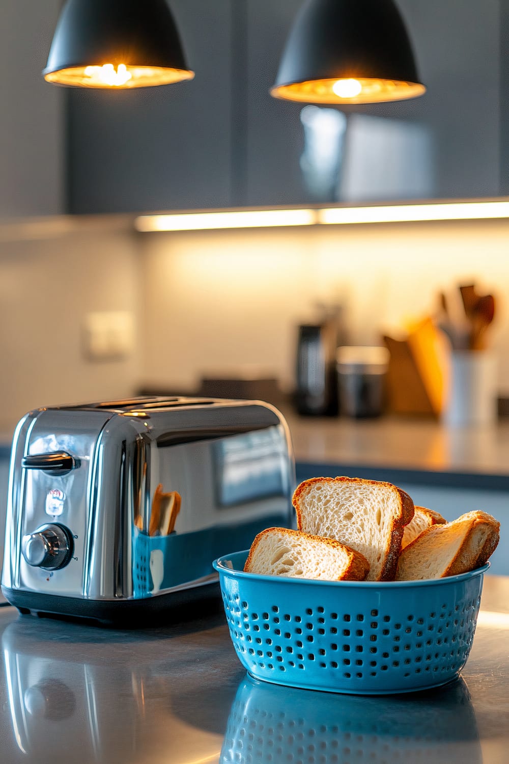 A retro kitchen countertop displaying a silver toaster and a blue ceramic bread basket containing three slices of toast. The countertop is uncluttered, with bright overhead lighting highlighting the metallic and ceramic elements. Two pendant lights hang above, adding a warm and inviting ambiance to the space.