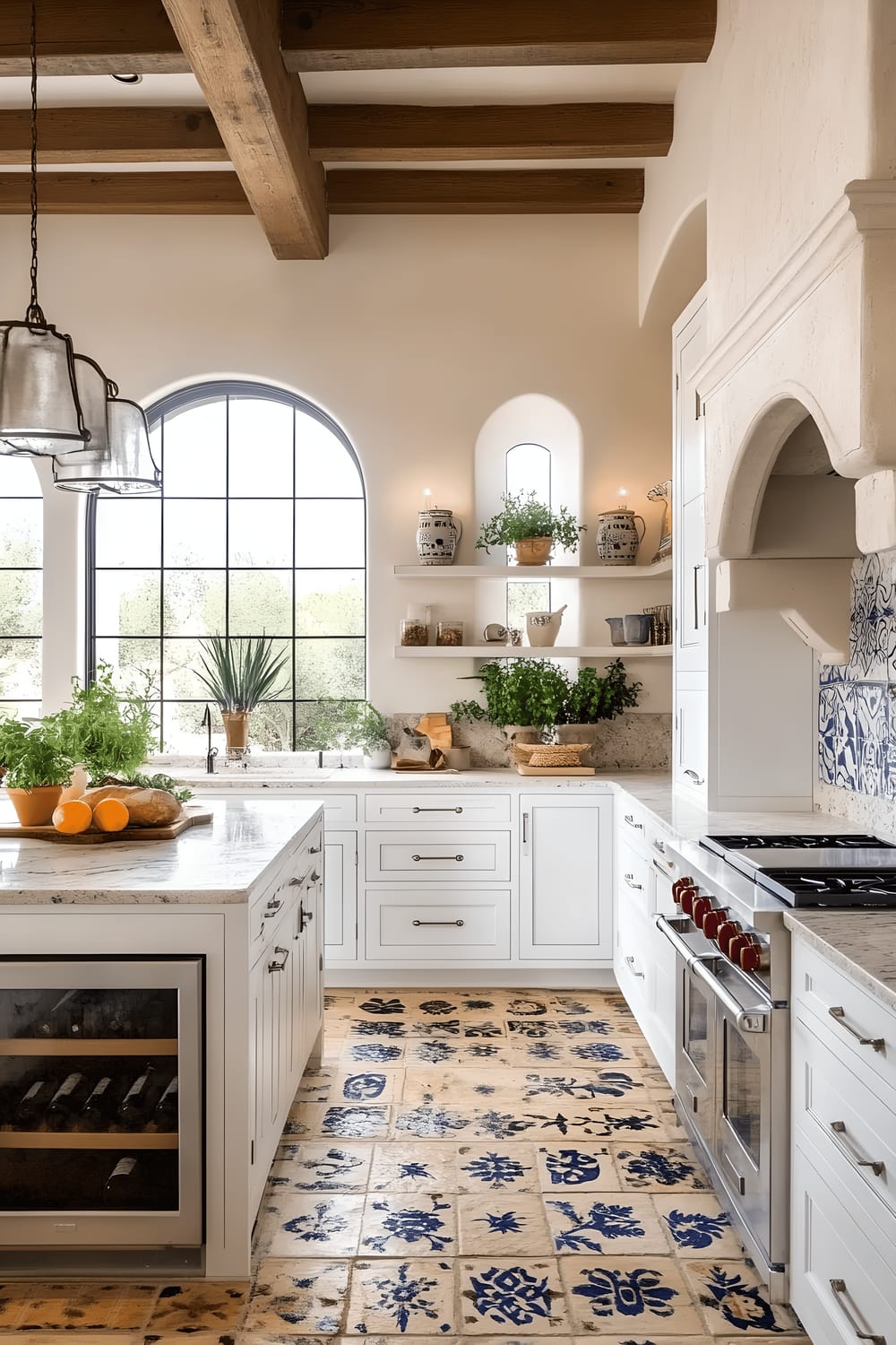 A bright, modern Mediterranean-inspired kitchen featuring crisp white cabinetry with cobalt blue accents, sleek granite countertops and stainless steel appliances. The kitchen includes a striking blue and white mosaic tile backsplash and large arched windows draped with sheer linen, allowing sunlight to pour onto the terracotta floor tiles and exposed wooden beams. A central island with a marble bar top and built-in wine cooler stands prominent, surrounded by open shelves hosting ceramic pitchers, olive oil dispensers, and potted herbs. Sleek pendant fixtures hang from the ceiling, casting a warm glow onto the entire scene.