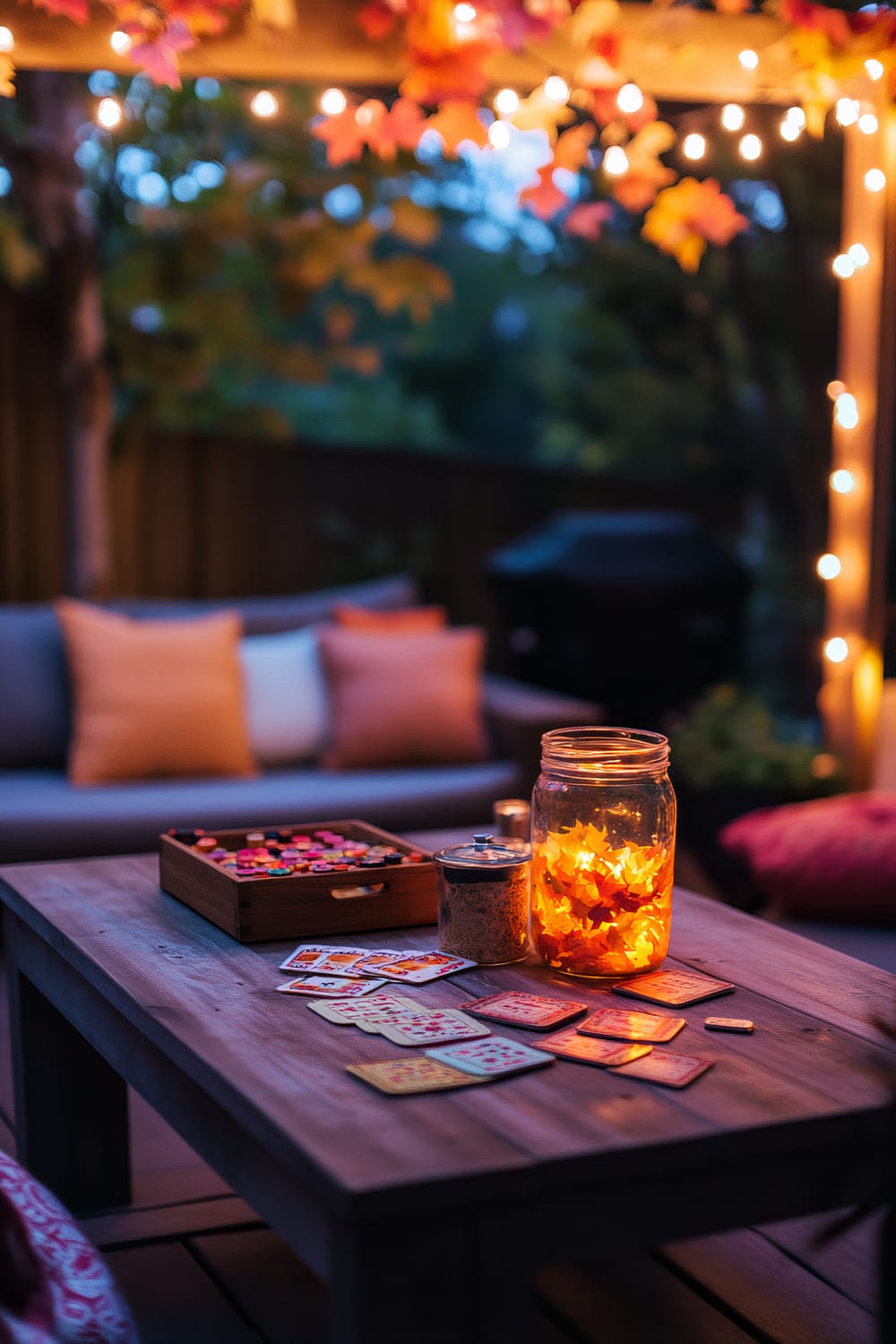 An inviting outdoor setup for a Friendsgiving gathering, featuring a wooden table with board games such as Scrabble and Cards Against Humanity. Decorative jars, including one with glowing autumn leaves, adorn the table. The scene is illuminated by warm string lights hanging above and autumn leaves adding a festive touch. In the background, there is a comfortable seating area with plush cushions in orange and white tones.