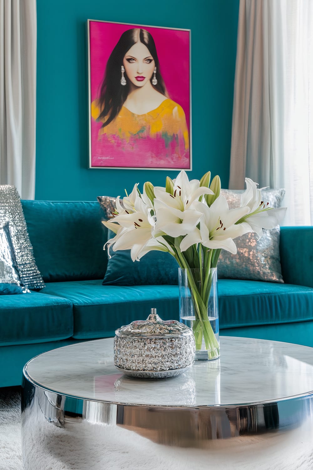 A vibrant living room featuring a rich teal velvet sofa, adorned with silver pillows, and a round marble coffee table with chrome accents. Central to the room is a striking painting of a woman in vivid pink and yellow tones, adding a modern artistic flair. Pale teal walls and white curtains frame the room, while a vase of fresh white lilies sits atop the coffee table, enhancing the space with a soft, romantic touch.