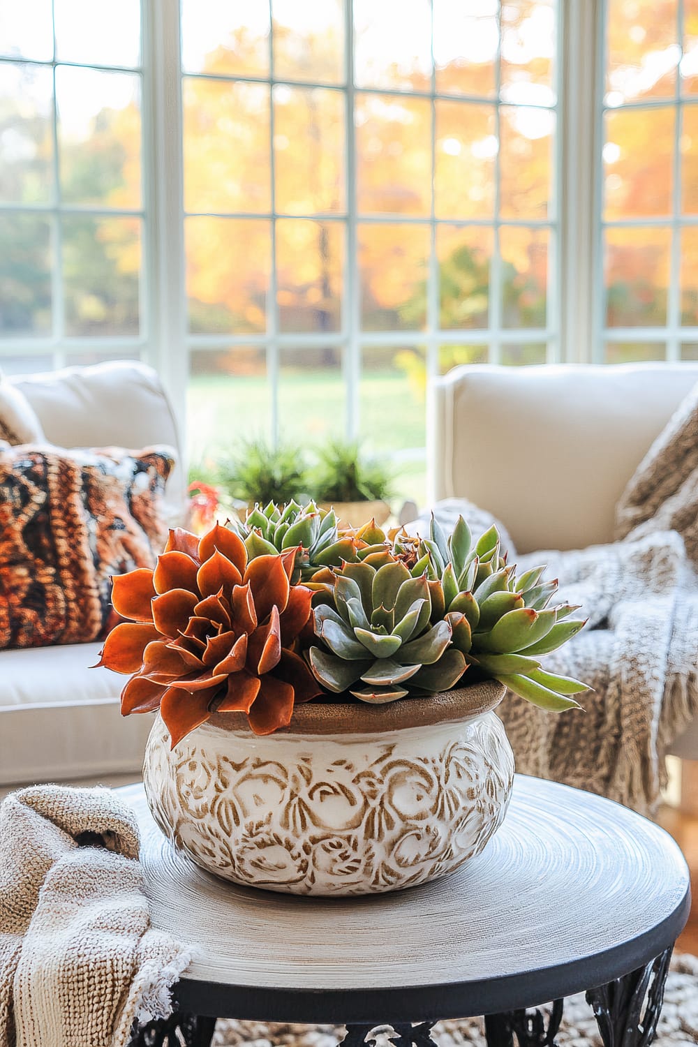 A potted succulent arrangement sits on a round, light-colored wooden table with ornate black legs. The pot is embellished with a carved floral design and contains a variety of succulents, including one with vibrant reddish-orange leaves. The table is placed in a room with cream-colored chairs adorned with knitted blankets and a patterned cushion. Large windows in the background showcase a view of autumn foliage.