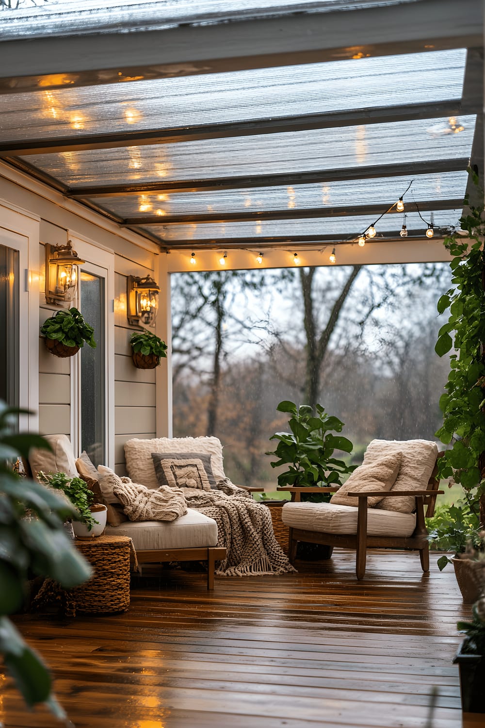 A covered patio with a clear roof, showcasing a gentle rain shower. The patio features warm wooden floors and plush armchairs covered in oversized knit blankets. Greenery is seen through potted fiddle leaf figs and trailing ivy. The atmosphere is imbued with soft, diffused light making rain droplets glisten.