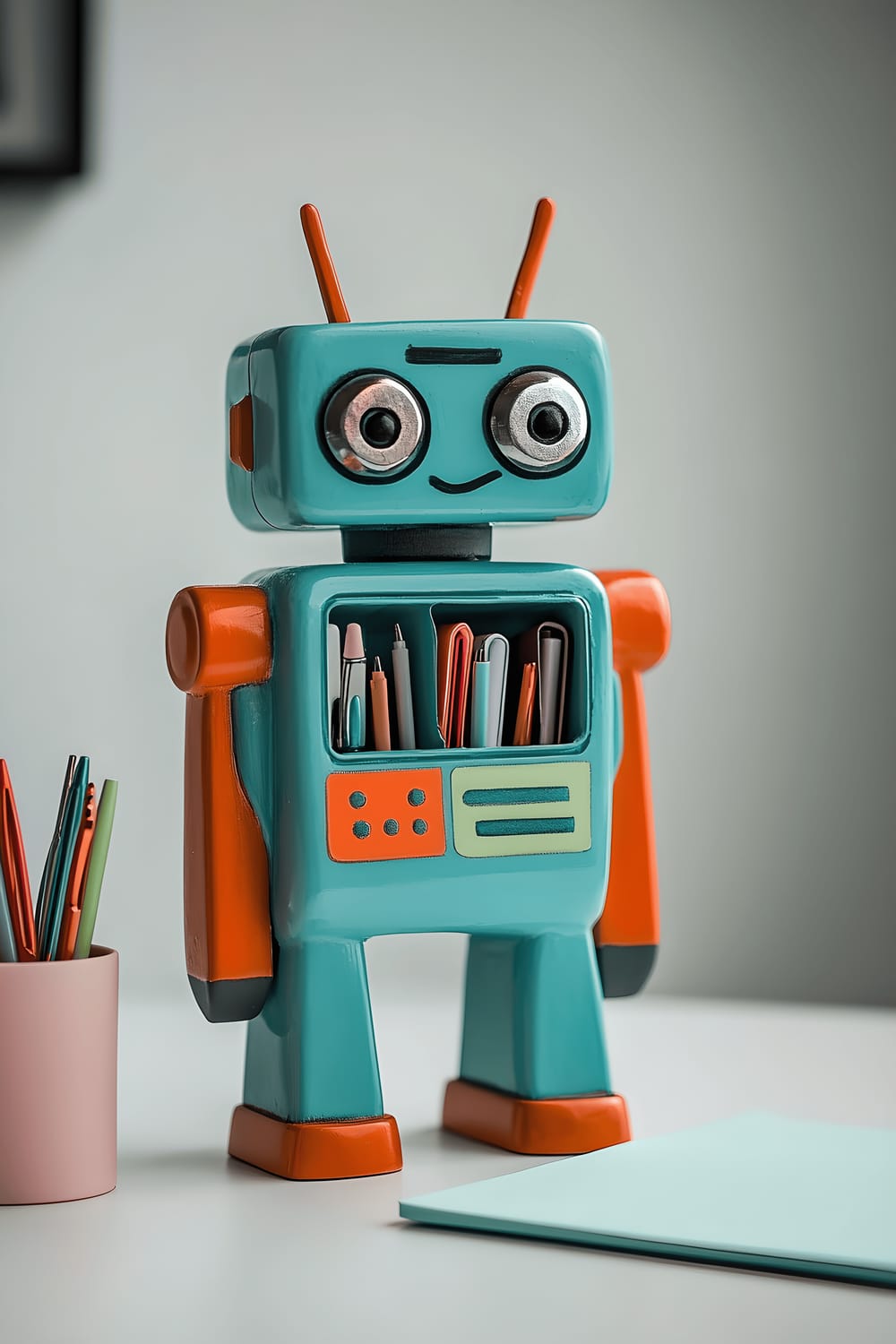 A vibrant, vintage-style robot figurine in bright turquoise and orange, with multiple compartments for storing small office supplies, standing on a clean, white desk. A single pastel-colored notepad lays next to it. The robot's retro design and bold colors are accentuated by strong, directional lighting against a plain background.