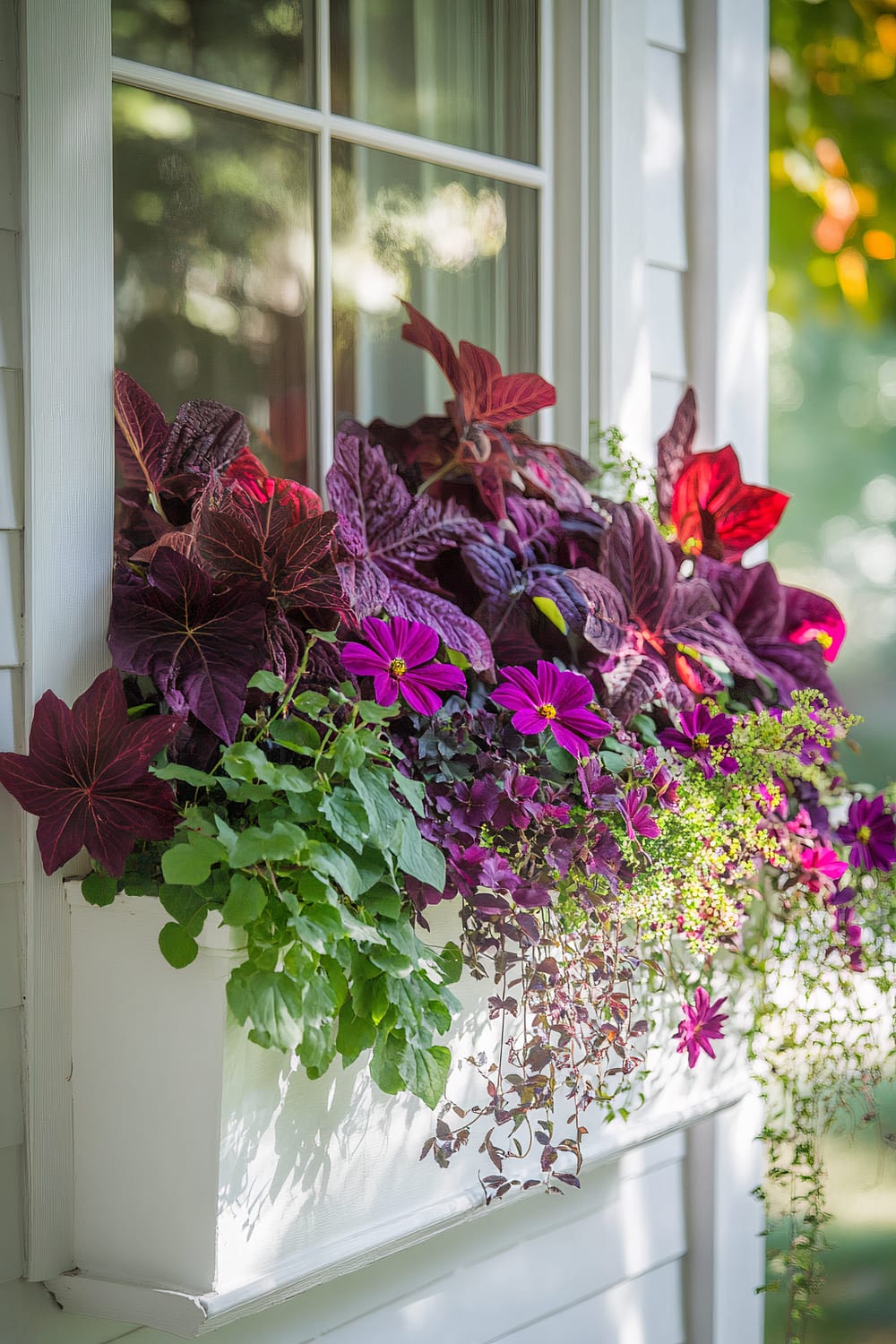 An elegant, white window box attached to the side of a house is filled with a lush assortment of vibrant plants. Purple flowering plants and richly colored leafy vegetation with shades of deep red and green cascade over the sides of the box. Visible in the background is a part of a window with reflections of green foliage from surrounding trees.