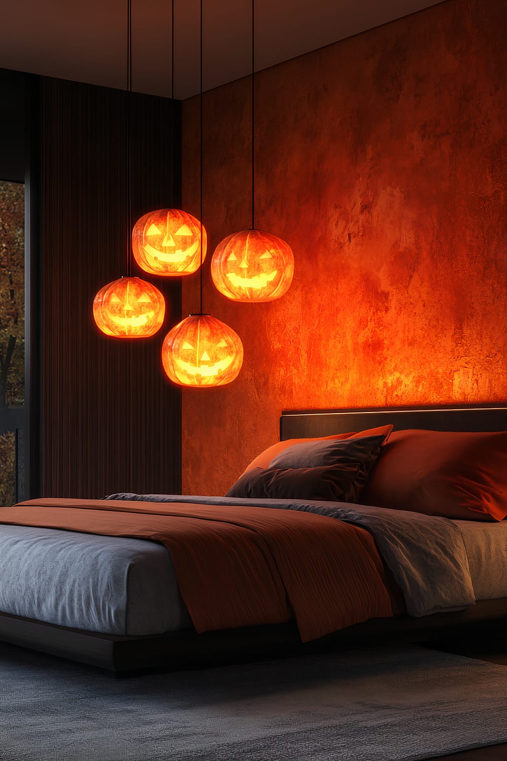 A modern bedroom with a dark, minimalist design and a striking light installation featuring four hanging jack-o’-lanterns. The pumpkins emit a warm orange glow that contrasts with the dark walls and accentuates the textured finish. The bed is dressed in grey and orange bedding, complementing the warm light from the jack-o’-lanterns.