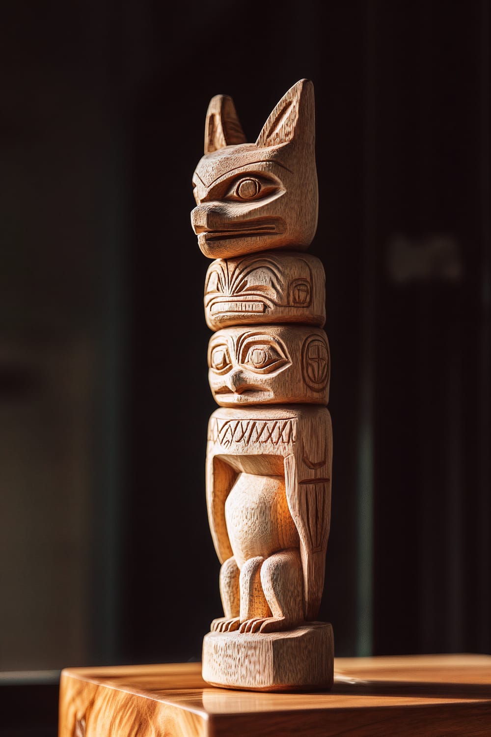 A close-up image of a handcrafted traditional Native American totem pole figurine seen in profile. The totem pole, made from carved cedar wood, features a series of animal spirits stacked vertically. Each figurine showcases intricate details and symbolic engravings. The figurine is placed on a minimalist dark wooden shelf against a softly blurred dark background, with soft ambient lighting highlighting its craftsmanship.