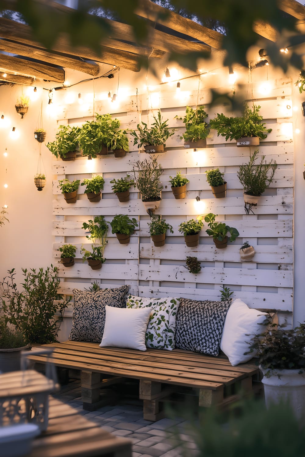 A charming backyard scene with a vertical garden made of repurposed, white painted wooden pallets holding small pots of basil, rosemary, thyme, and mint. A wooden bench completed with cushions resides nearby. The scene is softly lit by fairy lights hanging overhead, adding to the serene, natural atmosphere.