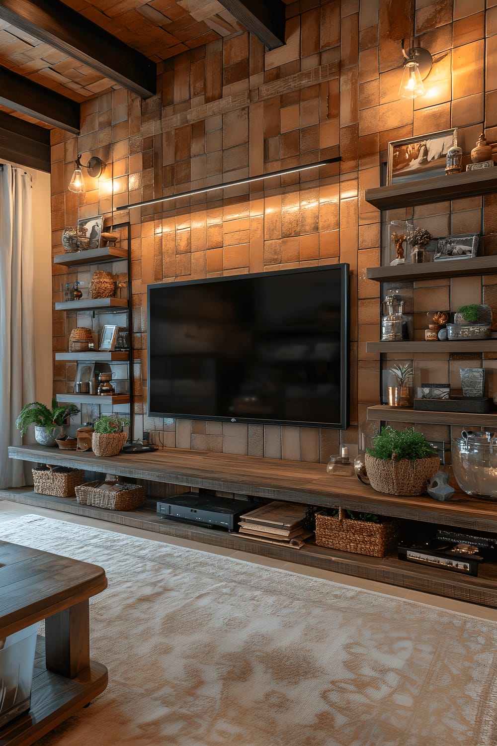 A warmly lit living room scene focused on a TV wall that is beautifully adorned with terracotta tiles, setting an earthy tone. Arranged on rustic wooden shelves around the TV are an assortment of decorative pieces in hues of cream and gold, including vases, frames, and small figurines. Rustic pendant lights are providing soft, warm illumination, contributing to an overall inviting ambiance.