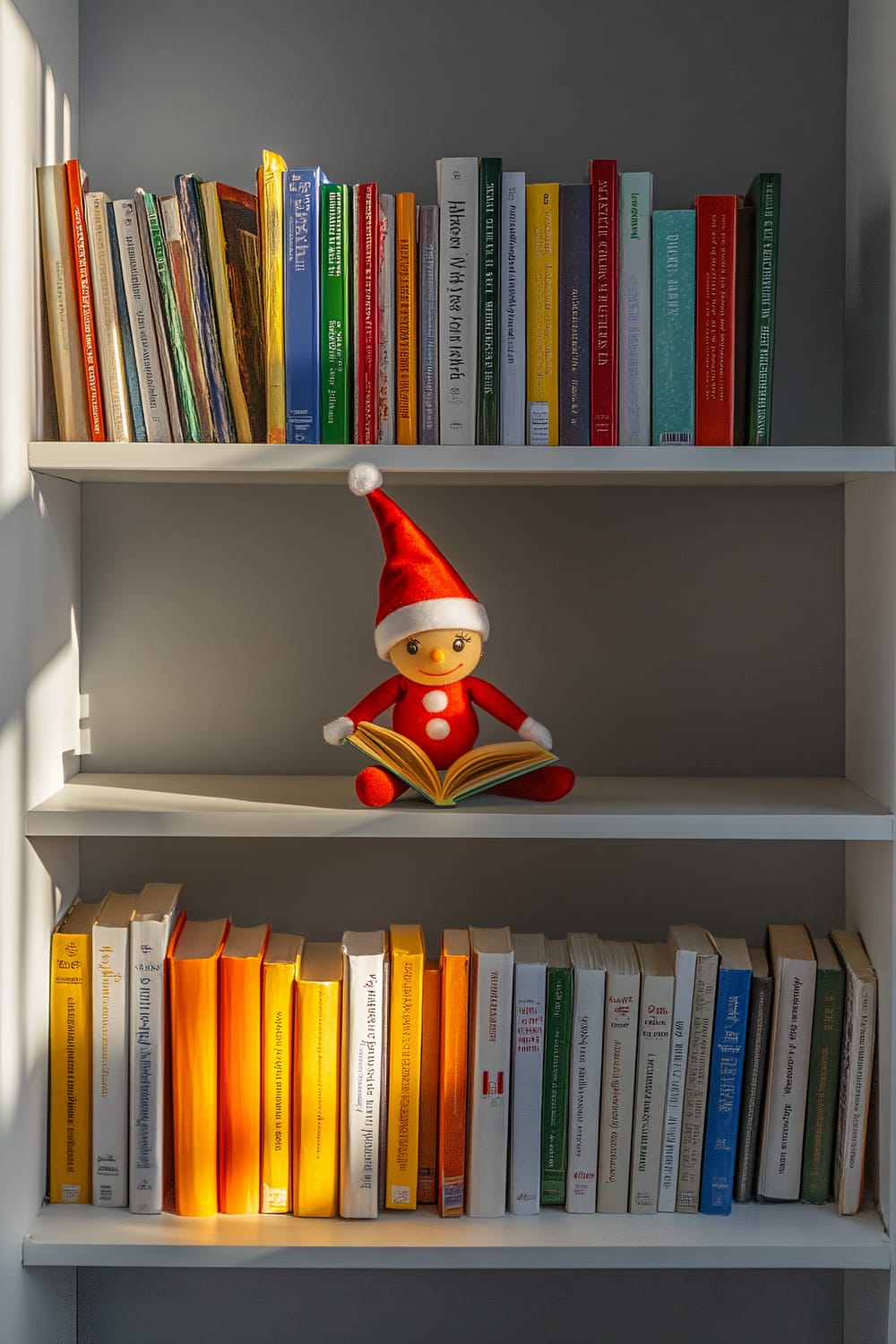 A plush Elf on the Shelf doll in red attire is sitting on a white shelf with an open book, surrounded by rows of colorful books. The scene is illuminated by vibrant yellow lighting set against a muted gray background.