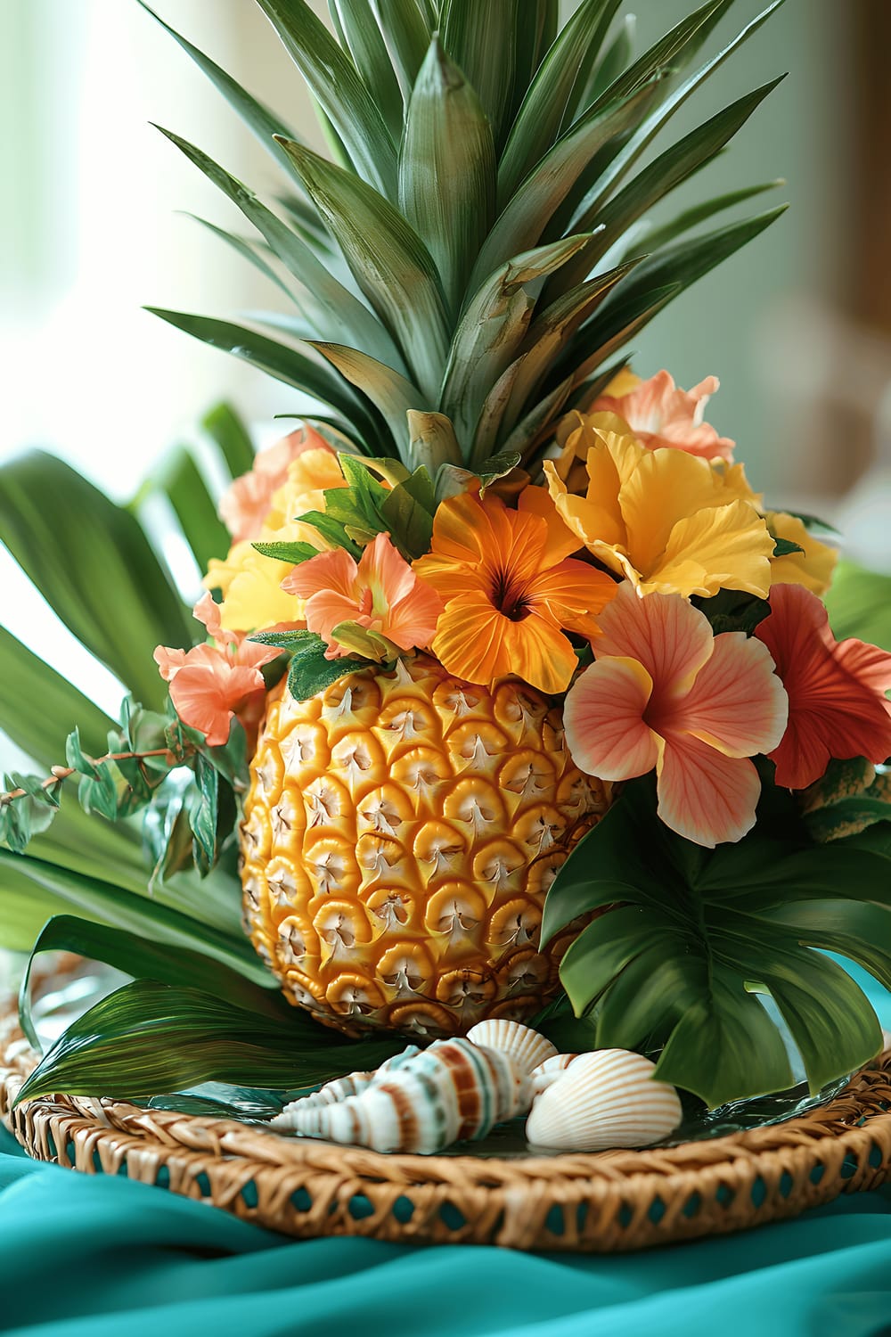 A colorful table centerpiece featuring a glossy golden pineapple surrounded by bright hibiscus flowers, lush green monstera leaves and small seashell accents in a clear glass bowl. The arrangement is placed on a textured rattan tray with a hint of turquoise fabric underneath, set against a deep emerald green tablecloth. It vibrantly contrasts with the use of natural daylight, creating a lively and exotic atmosphere.