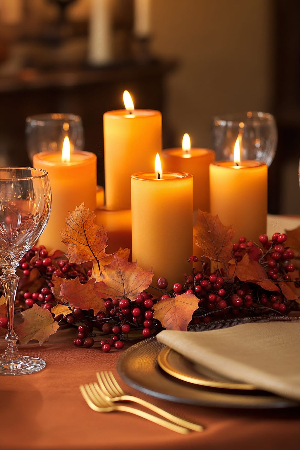 A table set with a warm fall-themed centerpiece consisting of lit orange pillar candles, red berries, and autumn leaves. The table features a glass goblet, gold plate, and gold flatware, all on an orange tablecloth.