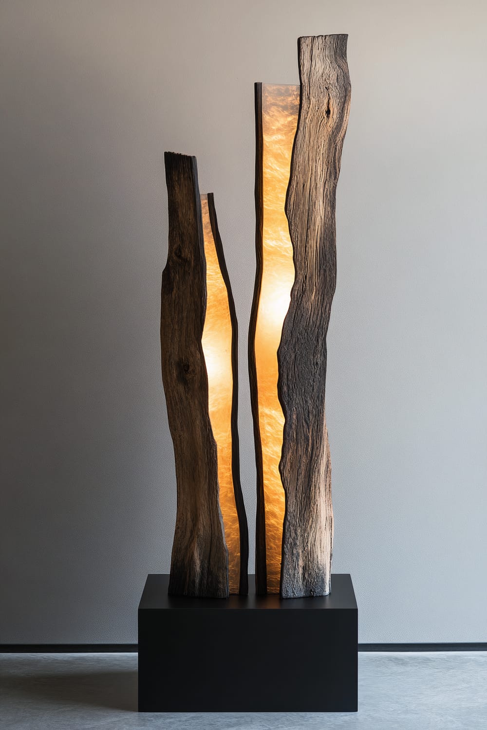 A minimalist sculpture combining tall, vertical pieces of dark, weathered wood and brushed steel. The sculpture is placed on a sleek black pedestal and features dramatic side lighting, highlighting the natural textures of the materials. The brushed steel elements emit a warm, golden light, creating a striking contrast with the rugged, dark wood.