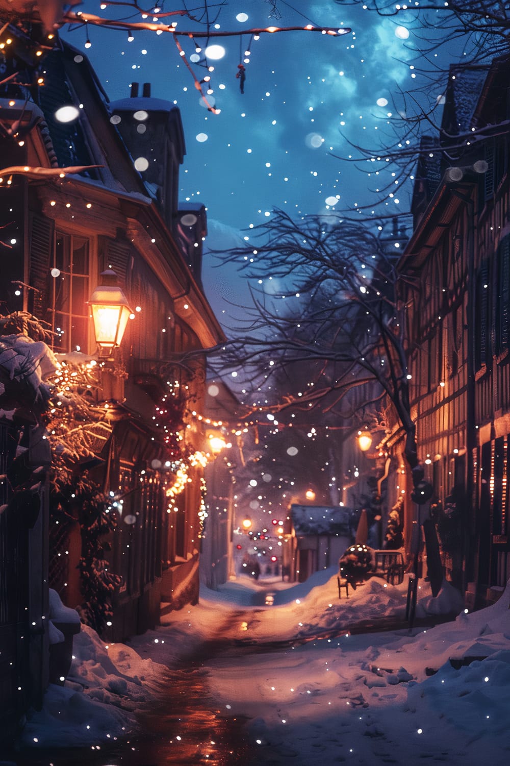 A charming, narrow street blanketed in snow, illuminated by warm streetlights and holiday twinkling lights. Snow is gently falling, enhancing the tranquil and festive atmosphere of the scene. The buildings on either side feature traditional architectural elements, and the window sills and doorways are adorned with garlands and wreaths.