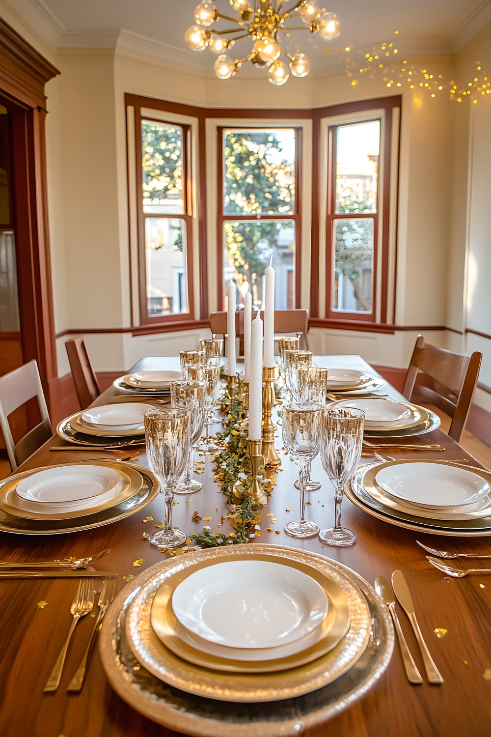 A decorated dining room in a San Francisco Victorian house, set for New Year’s Eve. The long wooden dining table holds 6 sets of gold-rimmed plates and silver flatware, alongside 6 delicate crystal wine glasses. A festive centerpiece with 3 white pillar candles in gold holders, gold confetti scattered around, and a vintage chandelier illuminating the room, complete the lavish scene.