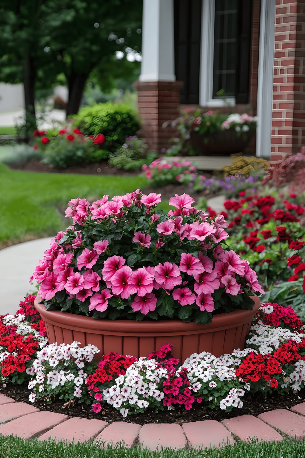 A small garden in the front of a house with a central terracotta planter overflowing with vibrant pink flowers. The planter is surrounded by clusters of red and white flowers, arranged within a circular brick border. The entire arrangement is situated in a shaded part of the lawn, creating a budget-friendly yet visually pleasing focal point.