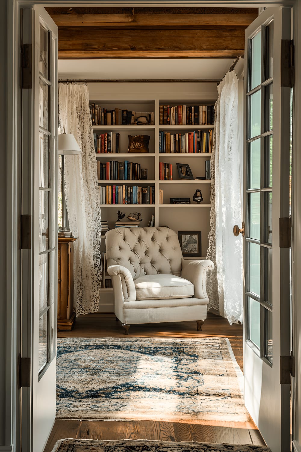 A view through an open French door revealing a charming living room, softly lit by afternoon sunlight filtering through lace curtains. The room features a repurposed wooden bookshelf and a tufted fabric armchair, creating a harmonious blend of vintage and contemporary themes.