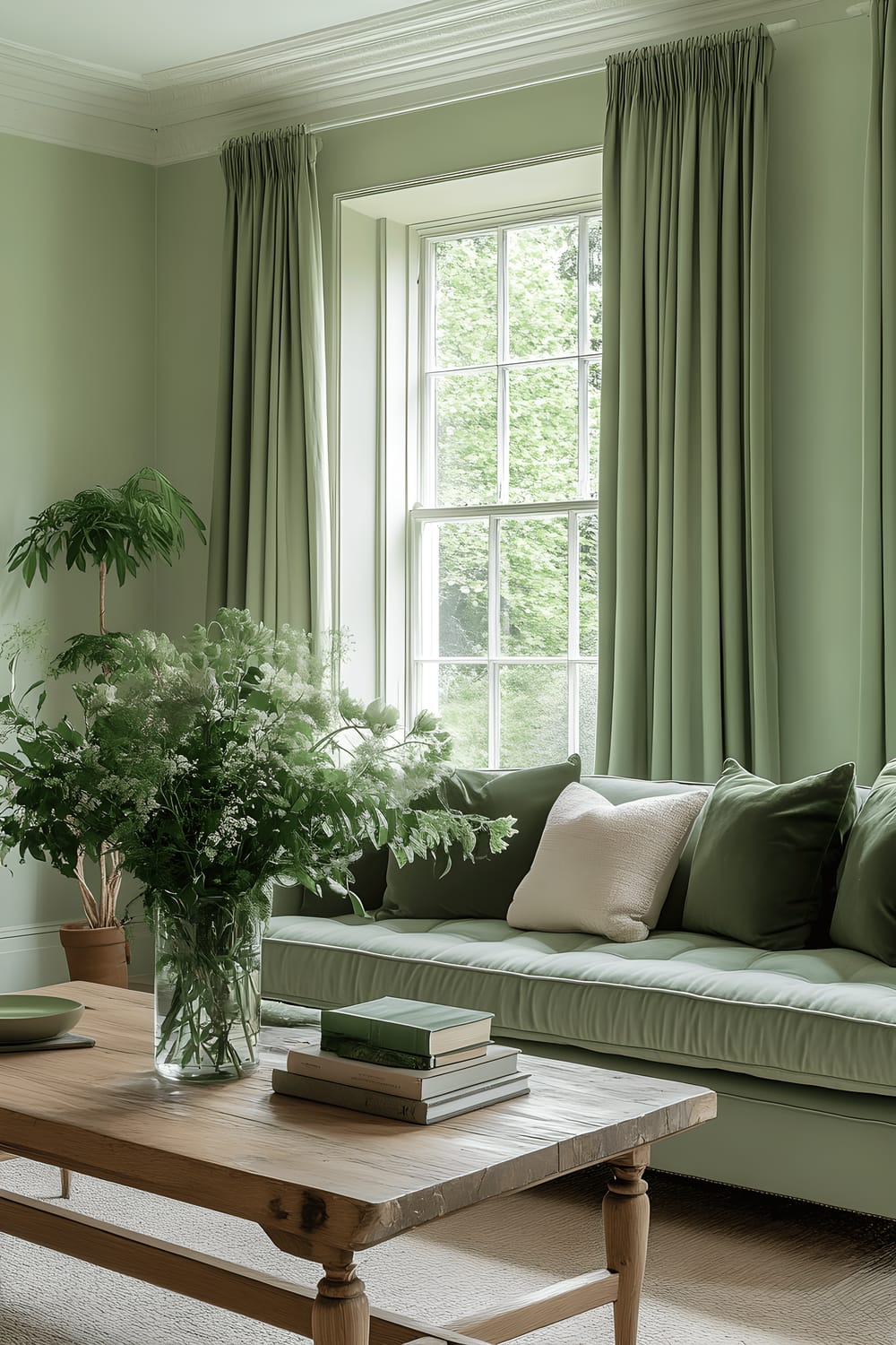 A beautifully lit living room in a Regent's Park apartment, showcasing a soft sage-colored sofa adorned with subtle patterned cushions. Placed in front of the sofa is a wooden coffee table holding a glass vase with fresh blooms. The room has several indoor plants adding a natural touch to the setting. The light green curtains complement the overall green theme while large glass windows let in ample daylight.