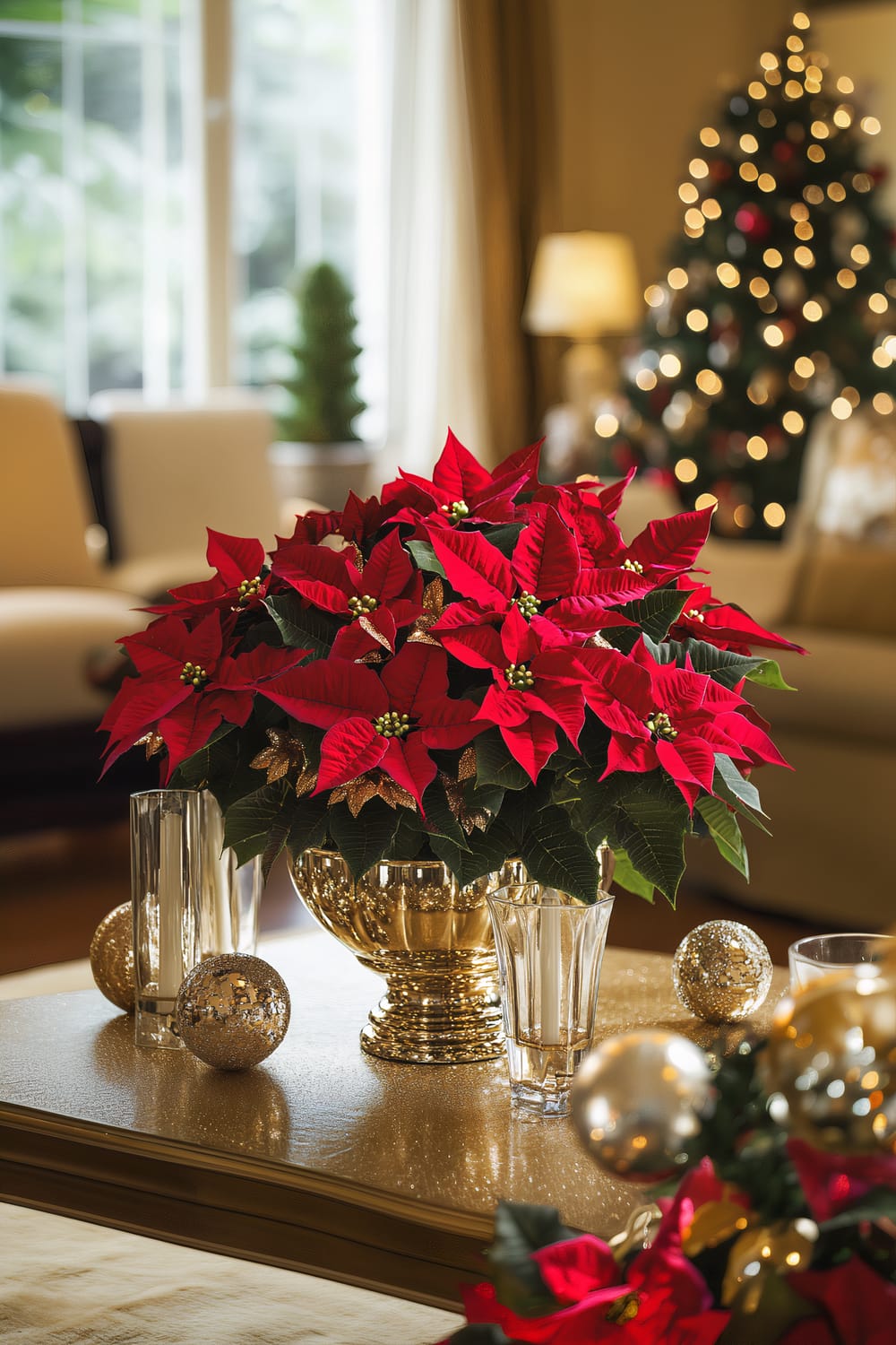 A festive living room decorated for the holiday season. In the foreground, a table centerpiece displays a vibrant bouquet of red poinsettias in a golden vase. Surrounding the vase are gold and silver decorative ornaments. In the background, there is a decorated Christmas tree with twinkling lights and ornaments, set near a large window that lets in natural light. The room includes beige upholstered furniture and a blurred view of a lamp in one corner.