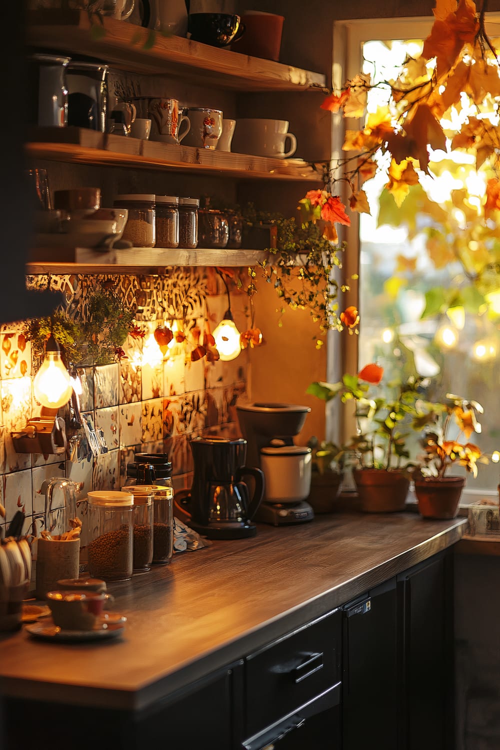 An inviting kitchen scene featuring wooden shelves stocked with jars, cups, and spices. The workspace below includes a coffee machine, jars with pantry items, and small potted plants. Warm ambient lighting, autumn decorations like orange leaves around the window, and whimsical tiled backsplash with floral patterns enhance the cozy atmosphere.