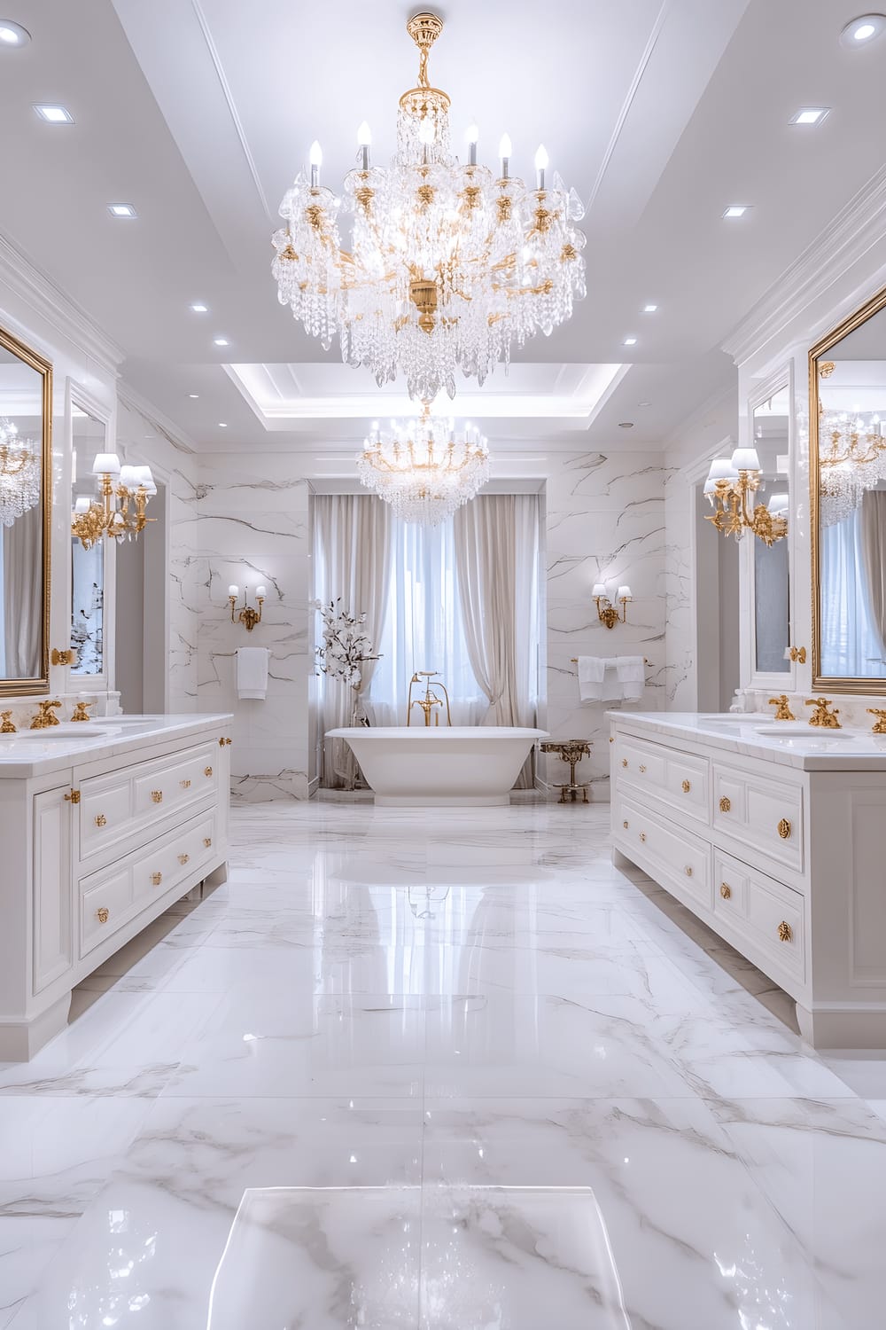 An opulent and luxurious bathroom featuring glossy white marble floors and walls, a double vanity with gold faucets, grand mirrors with intricate gold frames, and a freestanding bathtub beneath a chandelier. The space is illuminated by bright, warm light that emphasizes the room's immaculate surfaces and sophisticated decor.