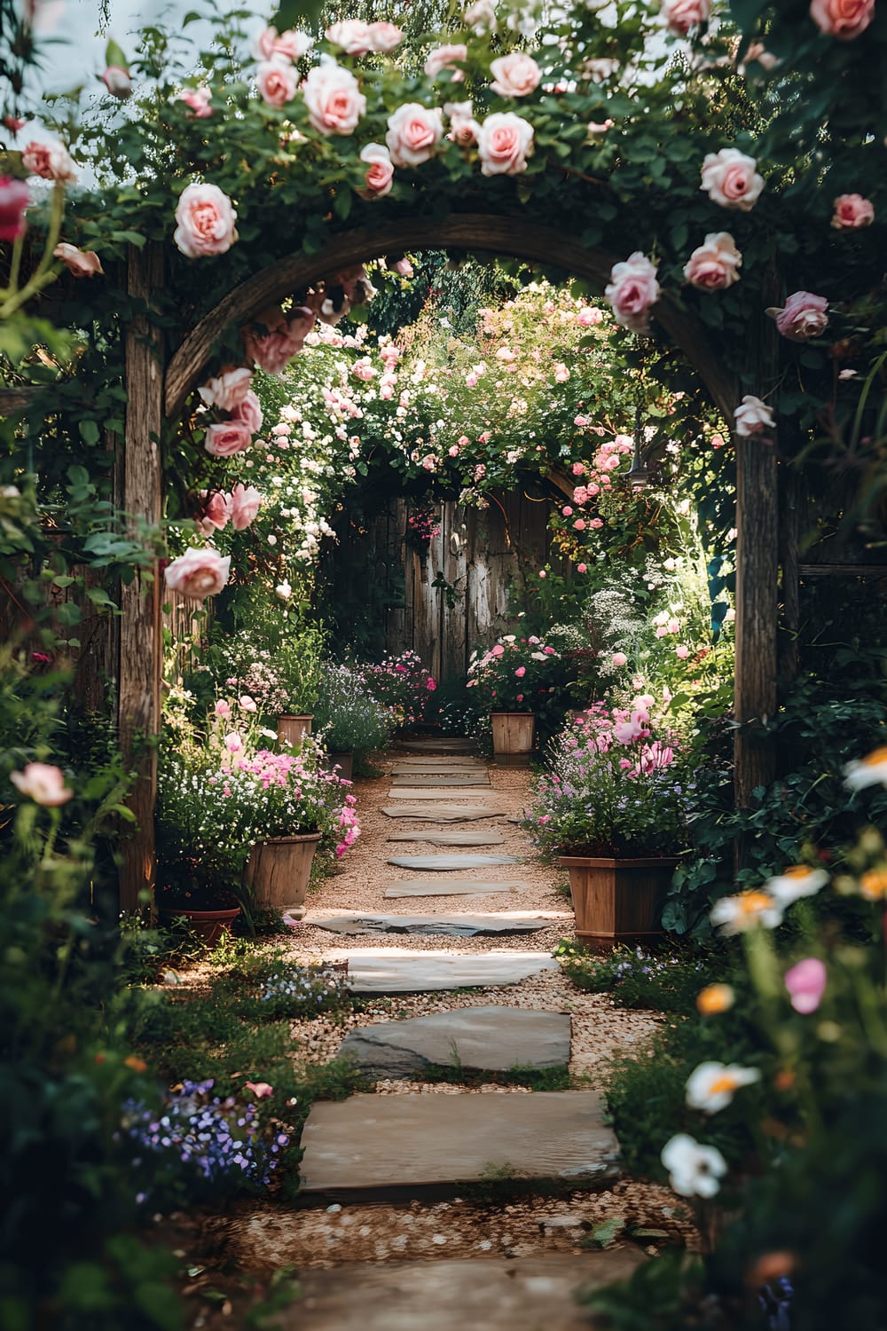 An enchanting cottagecore-inspired garden filled with a plethora of wildflowers growing in wooden planters. A slightly overgrown rose-covered archway stands prominently, with aged stepping stones leading to its base. The area exudes a serene, dreamy atmosphere.