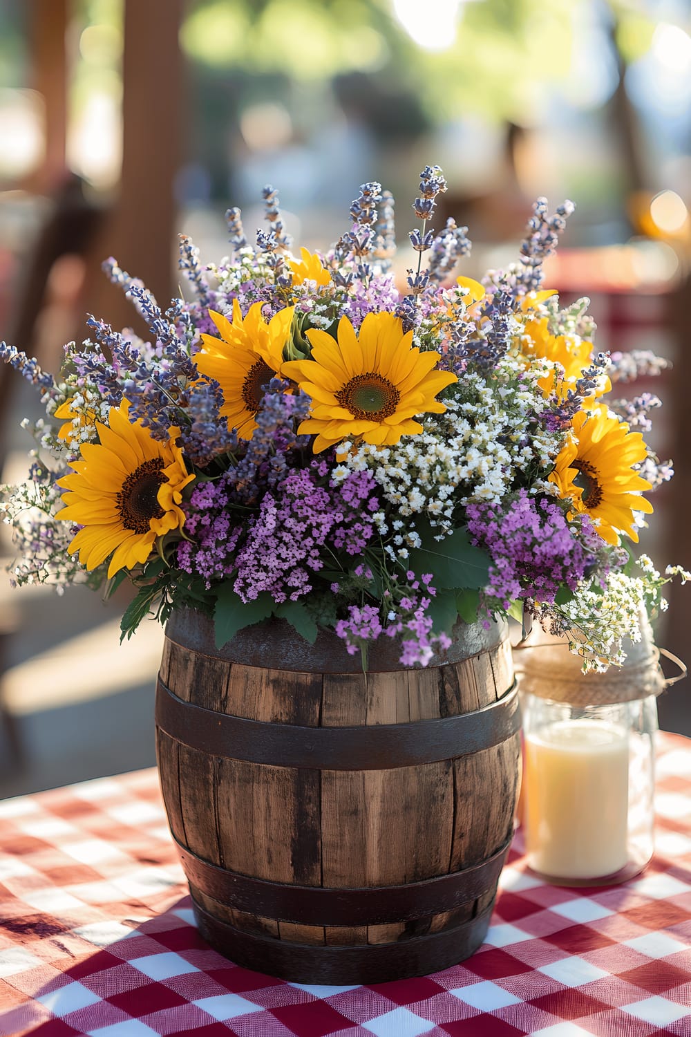 A charming farmhouse-inspired centerpiece placed on a distressed wooden table with a checkered red and white tablecloth. The centerpiece is a wooden barrel filled with seasonal flowers such as sunflowers, lavender, and baby’s breath. It is further embellished with burlap ribbons, small wooden lanterns, and vintage-style milk bottles. The scene is bathed in natural daylight, enhancing the overall rustic aesthetic.