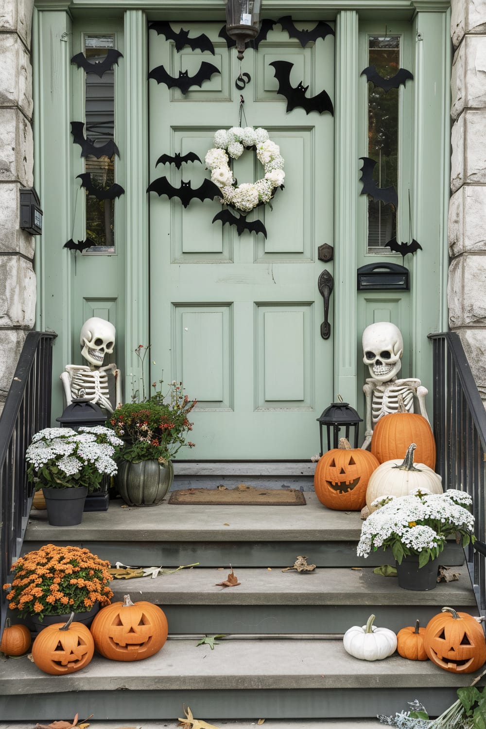 A mint-green door is decorated for Halloween with black bat cutouts and a white floral wreath. Skeleton figures sit on either side of the door, which is flanked by planters of white and orange flowers. Several carved pumpkins with smiling faces are arranged on the steps leading up to the door. Two black lanterns are placed among the decorations.