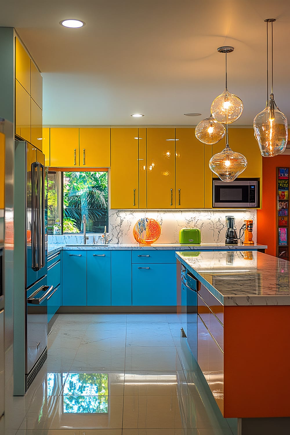 A contemporary kitchen with a vibrant color scheme featuring glossy yellow upper cabinets and glossy turquoise lower cabinets. The countertops and the backsplash are made of marble with subtle grey veining, creating a sophisticated contrast. Over the kitchen island are three modern, glass pendant lights that add a touch of elegance. There is a window above the kitchen sink, offering a view of lush greenery outside. Stainless steel appliances, including a refrigerator and oven, are seamlessly integrated into the design. A colorful orange and yellow decorative bowl sits on the countertop, along with a green toaster and a coffee maker. The flooring is glossy white, reflecting the colors and elements of the kitchen.