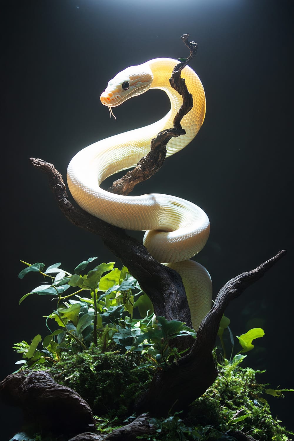 Image of a pale yellow and white snake coiled around a dark, twisted branch set against a dark background. The snake features a smooth, shiny texture and is illuminated by a spotlight from above. Below the branch, there are large green leaves and moss that add a natural setting.