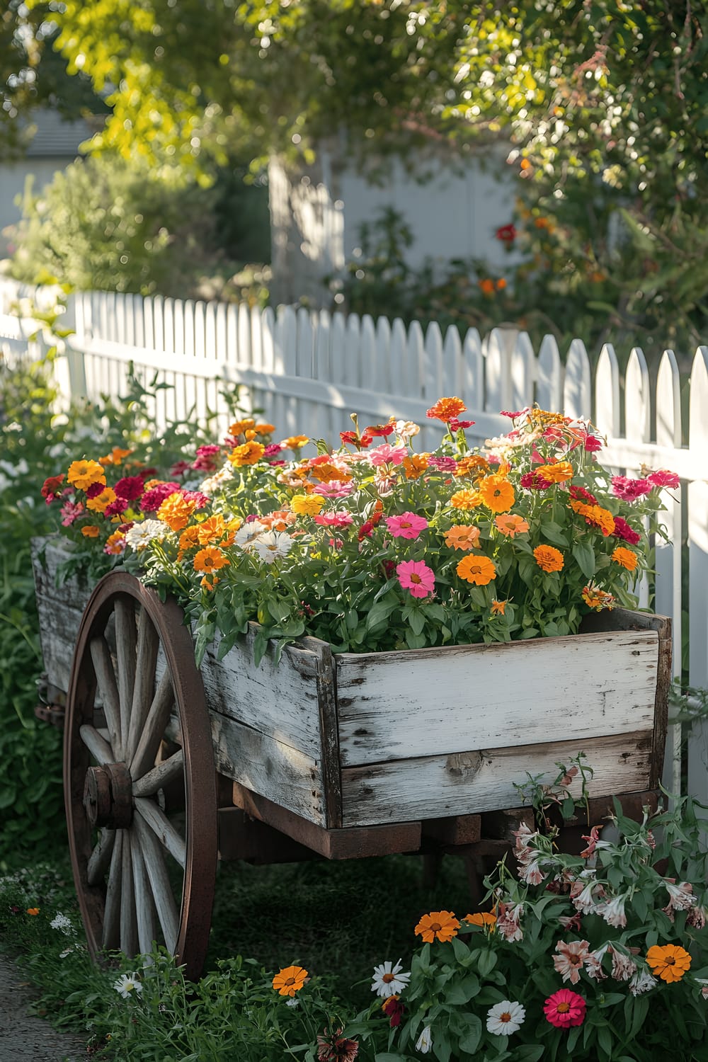 An old wooden wagon reimagined as a rustic planter brimming with colourful zinnias, marigolds, and trailing ivy is situated next to a pristine white picket fence, bathed in the soft glow of gentle, country sunlight.