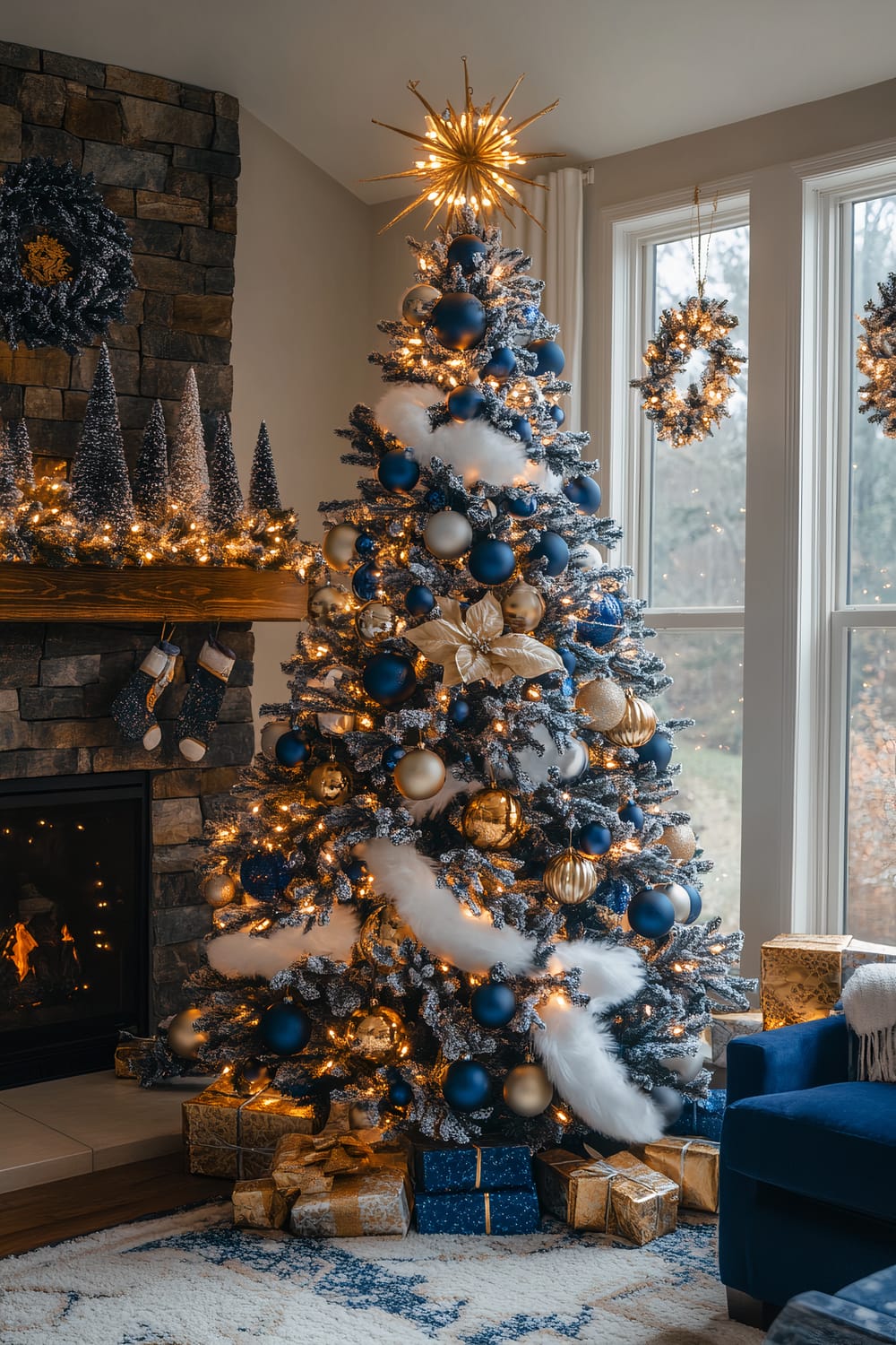 A beautifully decorated Christmas tree stands in a cozy living room. The tree is adorned with blue, gold, and white ornaments, including matte and glossy spheres, golden poinsettias, and tufts of white faux fur. The tree is topped with a glowing star and surrounded by neatly wrapped gifts in blue and gold paper. In the background, a stone fireplace is adorned with mini evergreen trees and lit candles, with two stockings hanging from the mantel. Hanging wreaths can be seen on the large windows to the right of the tree.