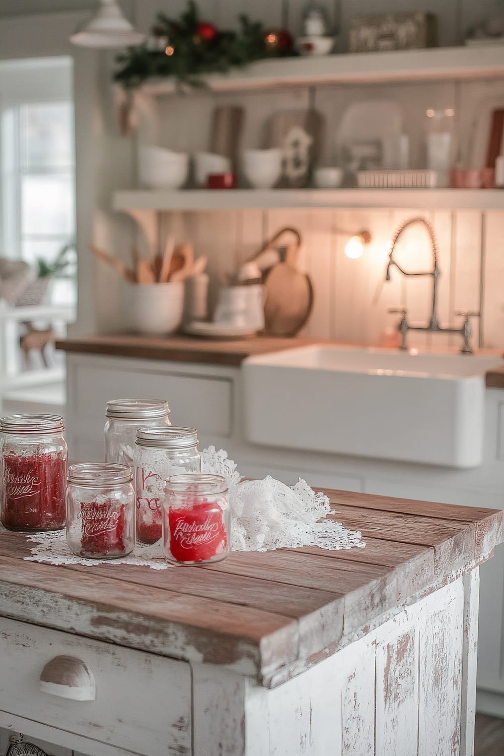 A shabby chic Modern Farmhouse kitchen featuring white distressed cabinets and a vintage-style farmhouse sink. The kitchen decor includes red mason jar candle holders and small red ornaments on a rustic wooden kitchen island, adorned with delicate white lace ribbons. Soft lighting from vintage pendant lamps creates a gentle glow. Open shelving in the background is neatly organized with various kitchenware, enhancing the charming and festive look.