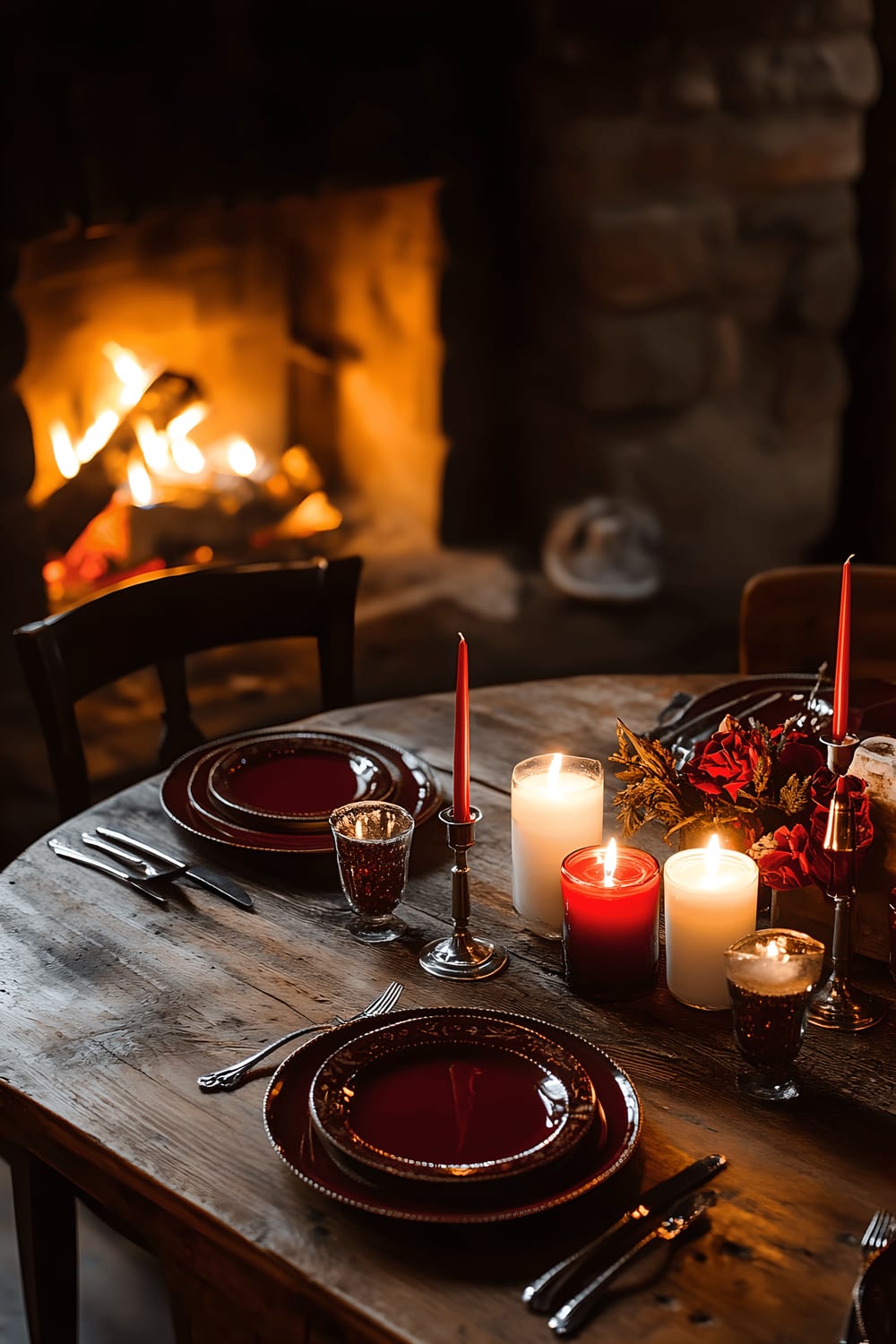 An intimate dining set up in a serene corner featuring a wooden table laid with rich burgundy plates and silver cutlery. A beautiful centerpiece with mixed height candles in red and white colors illuminates the scene with their soft, warm light. A backdrop of a roaring fireplace radiates a comforting and romantic glow, casting soft shadows that enhance the mood.