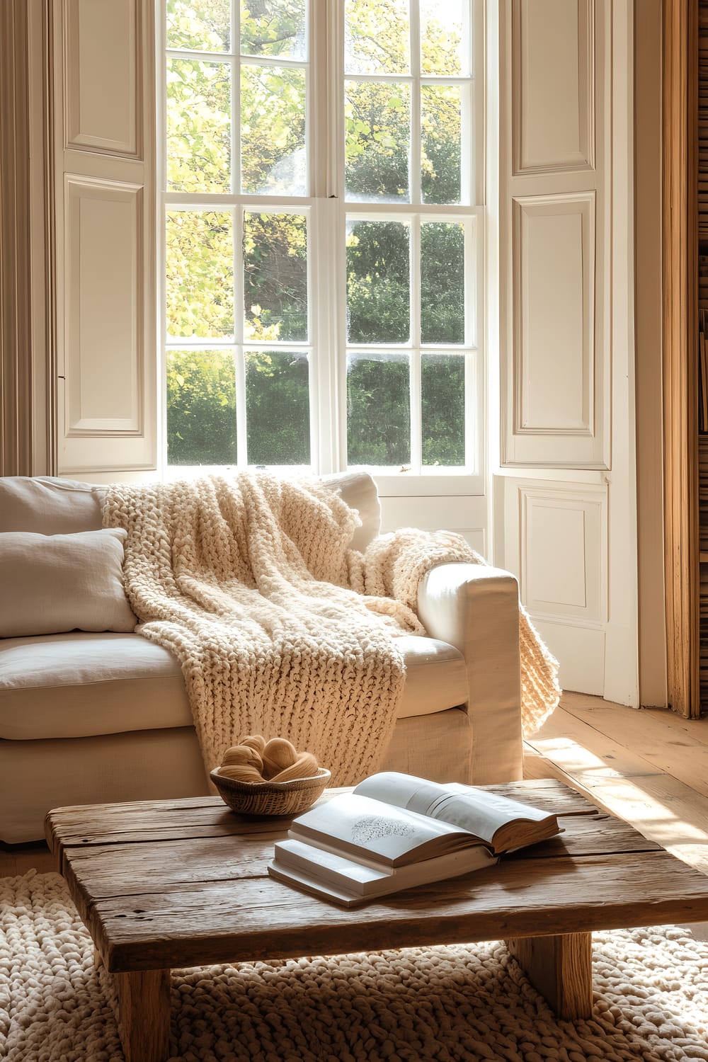 A quaint apartment in Hampstead showing a cozy living room with warm wooden floors and ivory beige walls. The furniture includes a comfortable off-white linen sofa adorned with a plush knit throw, and a square wooden coffee table displaying a collection of nature-themed books. The room is bathed in gentle natural light from large windows fitted with wooden shutters.